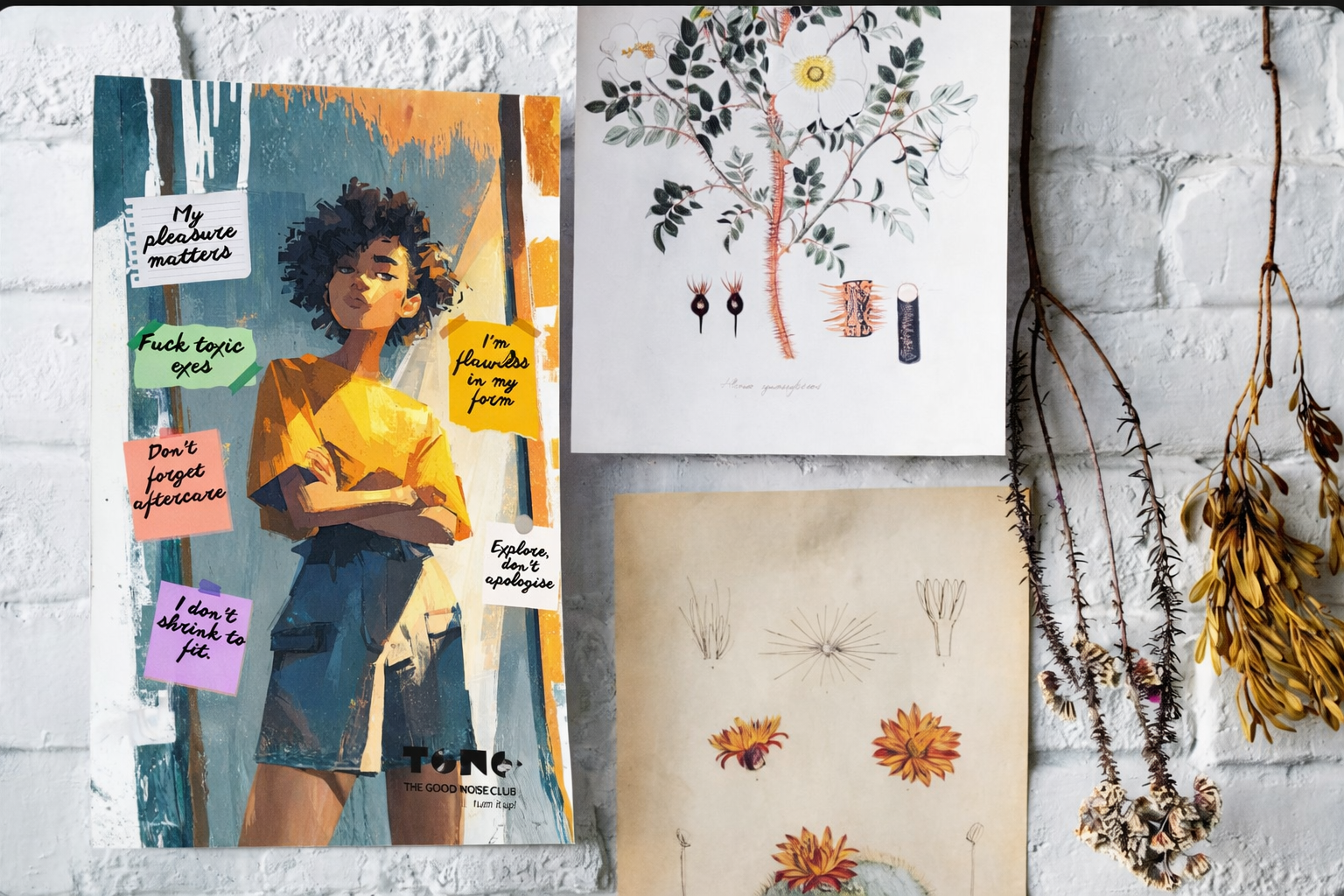 Collage of four artistic prints on a white brick wall with decorative elements.