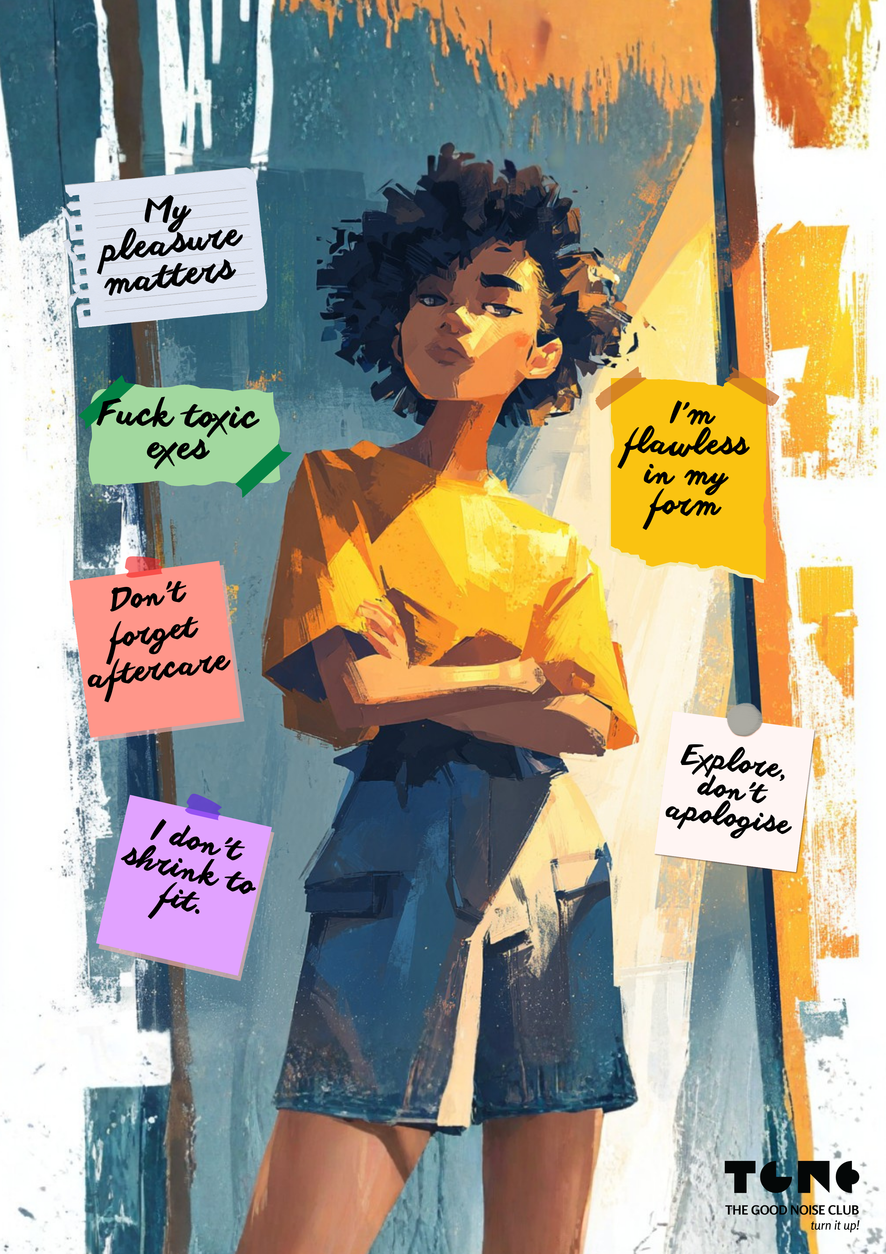 Illustration of a woman with text overlays on a colorful background