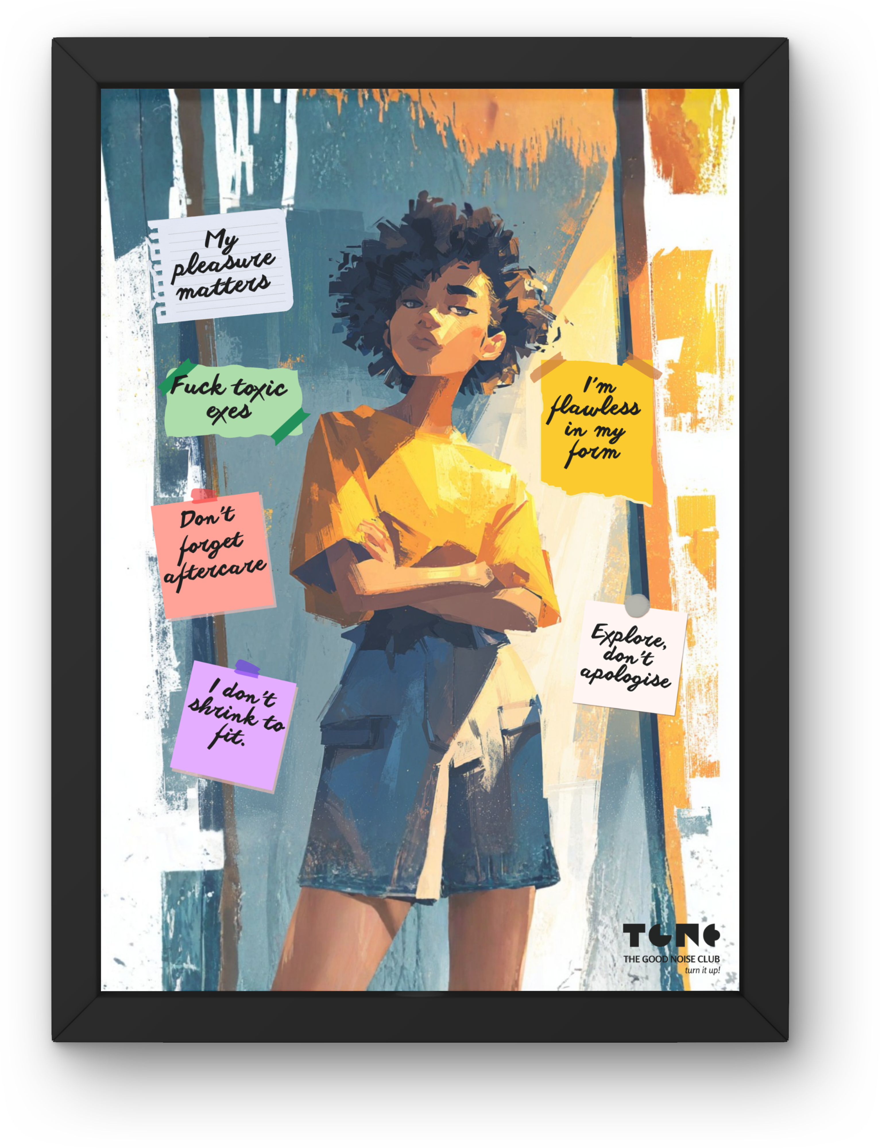 Framed artwork of a woman with motivational quotes on a colorful background