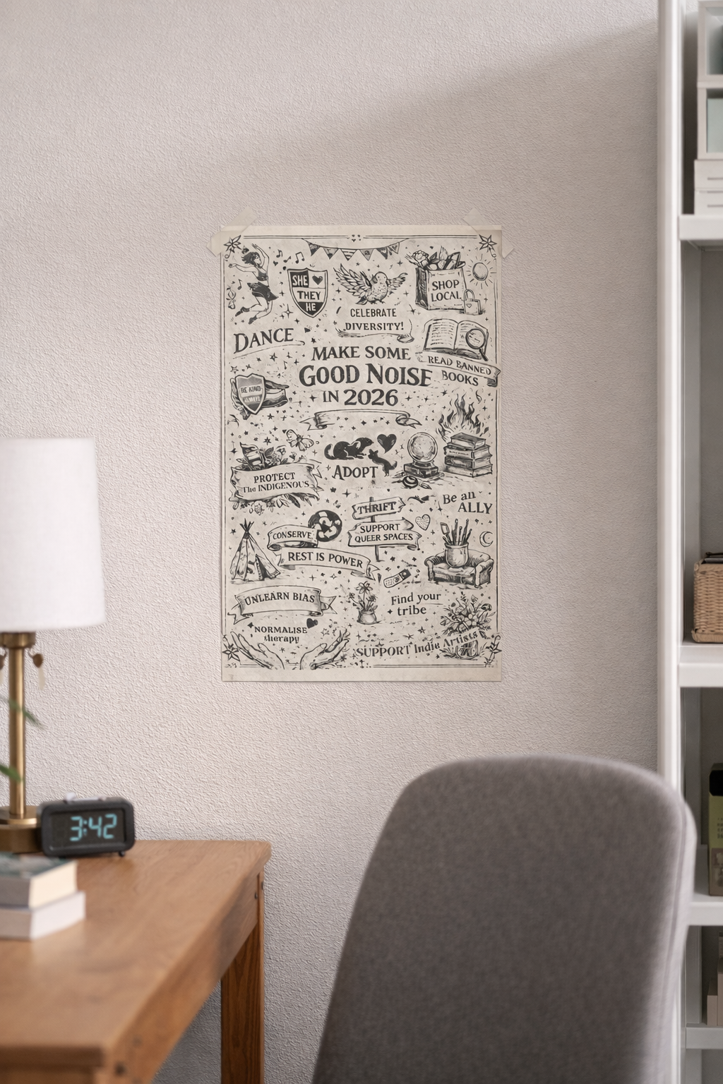 Decorative wall poster with text and illustrations in a room with a desk and lamp.