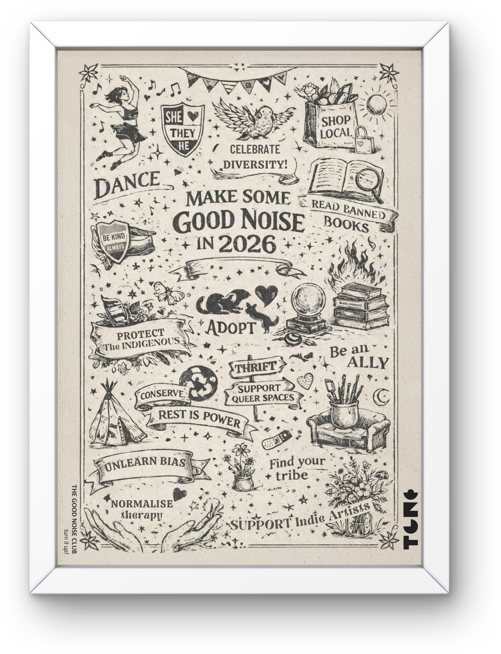 Framed poster with various illustrations and text on a white background