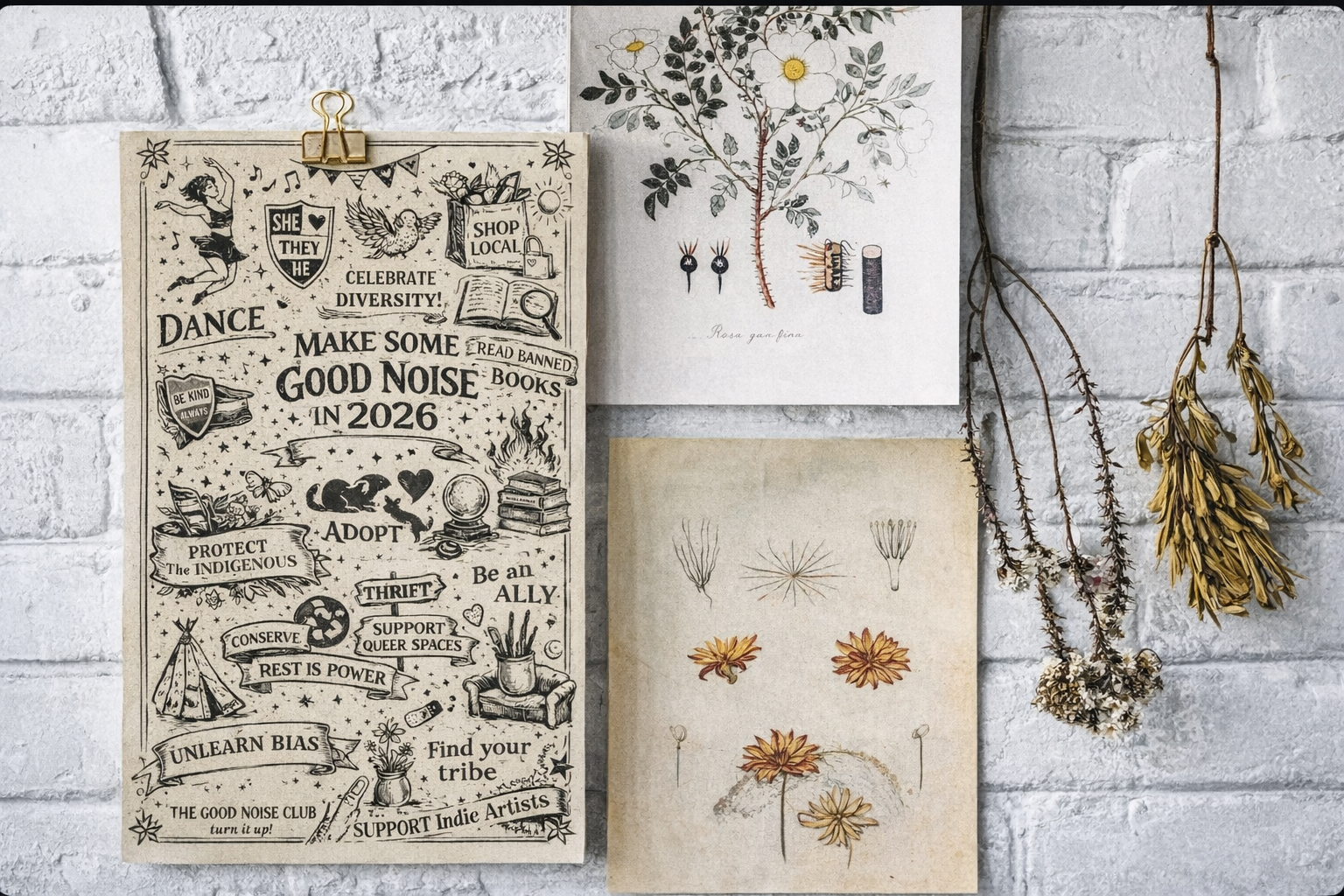 Three prints with text and illustrations on a white brick wall background