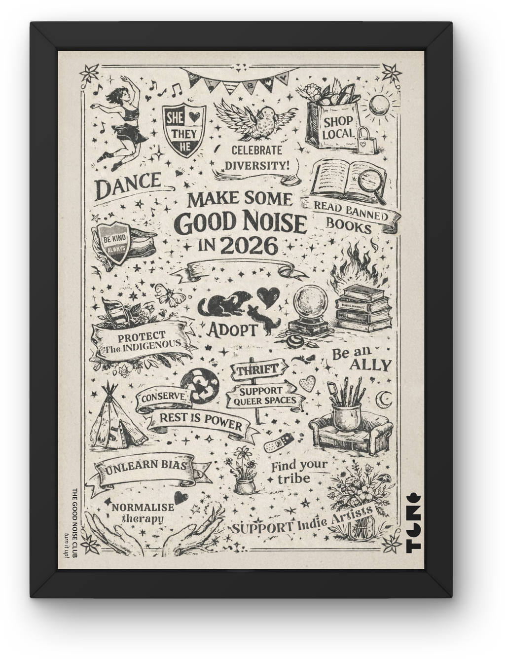 Framed poster with various messages and illustrations on a white background