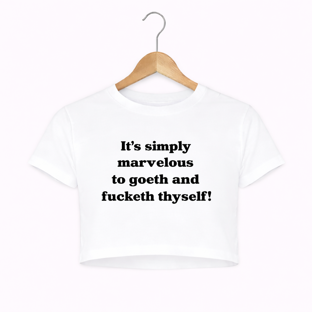 White t-shirt with black text on a hanger against a white background