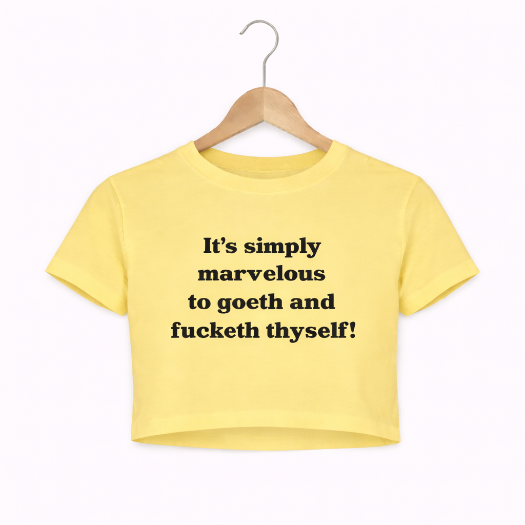 Yellow crop top with black text on a white background
