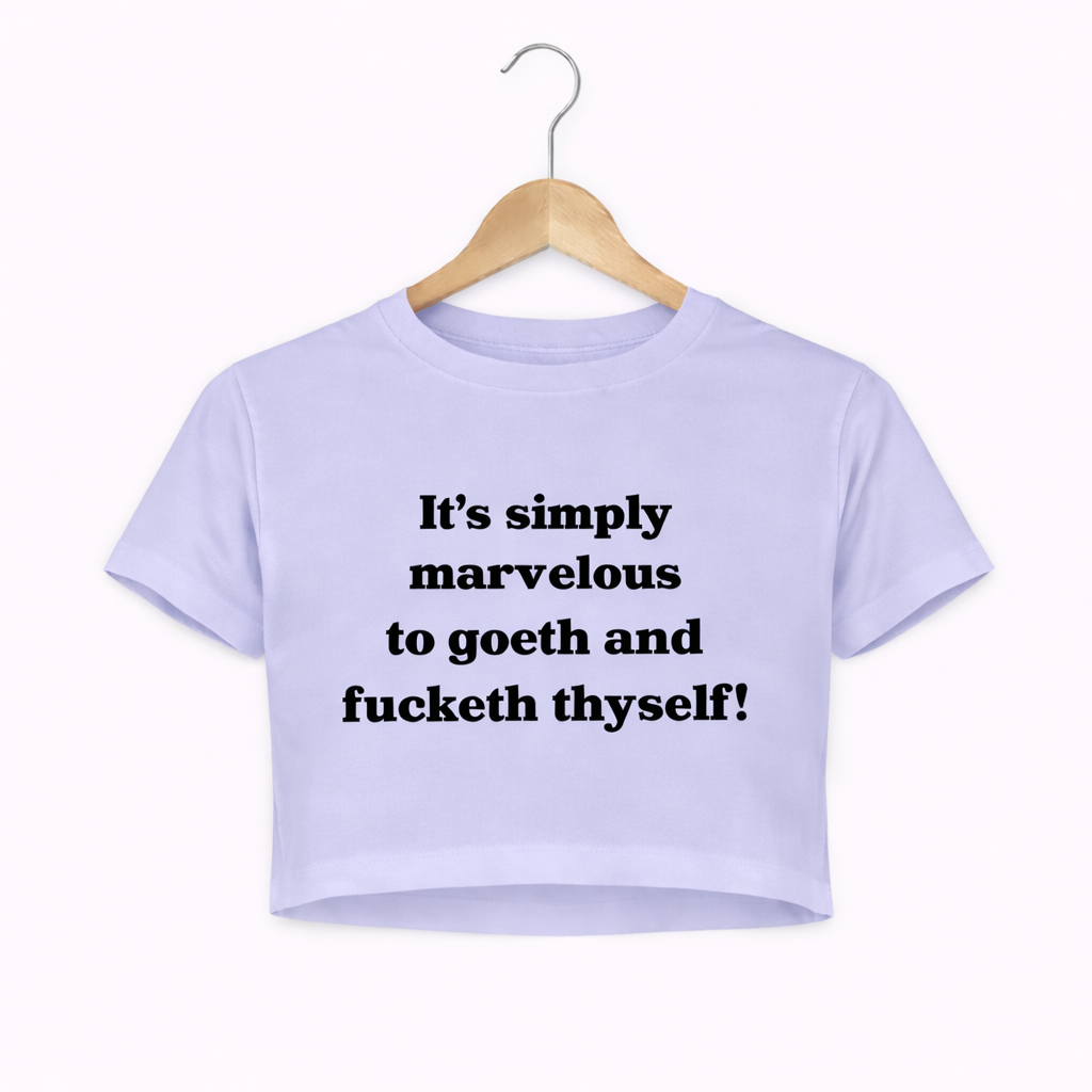 Light purple t-shirt with black text on a white background