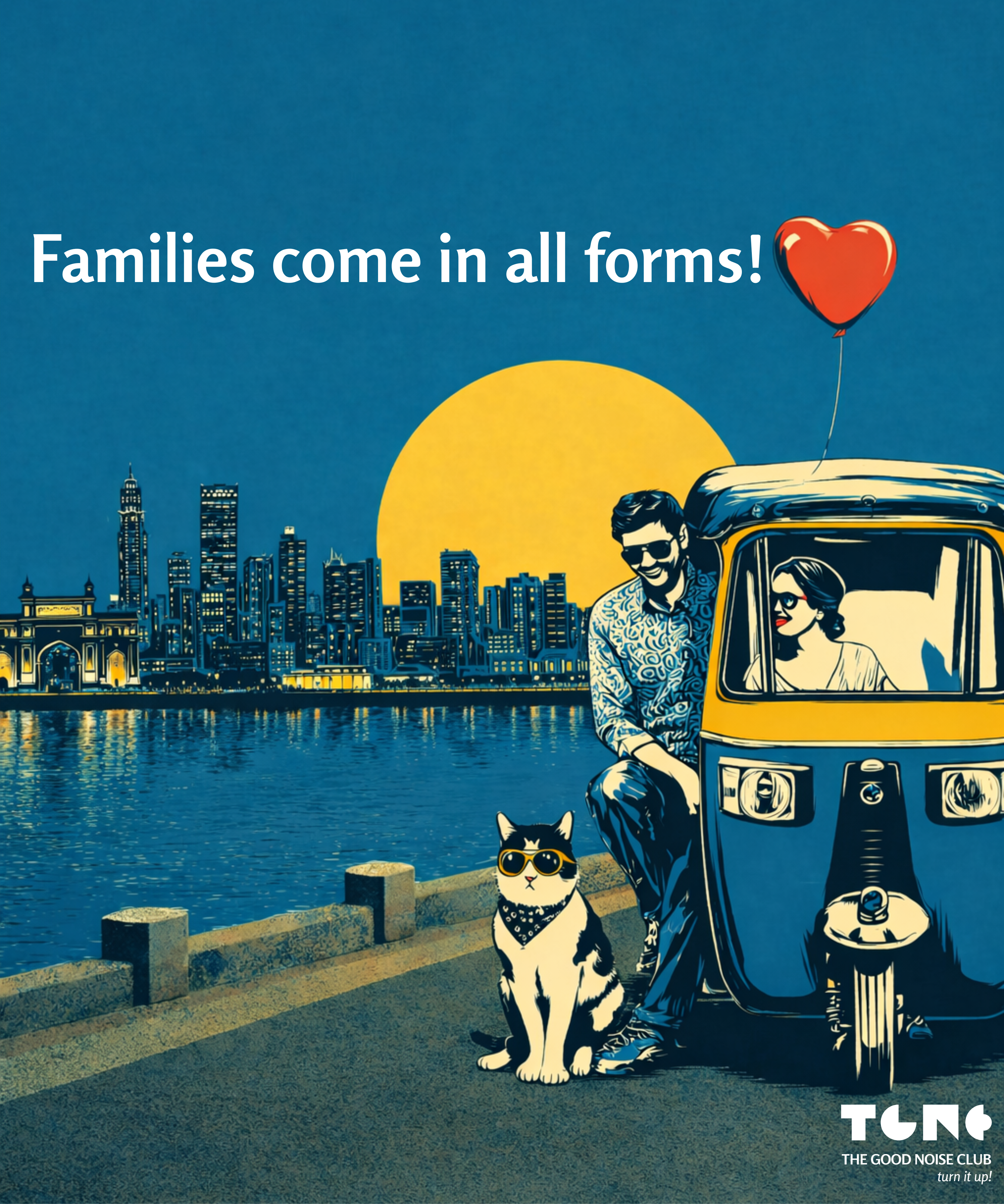 Illustration of a couple with a dog on a tuk-tuk by a city skyline with text 'Families come in all forms!'.
