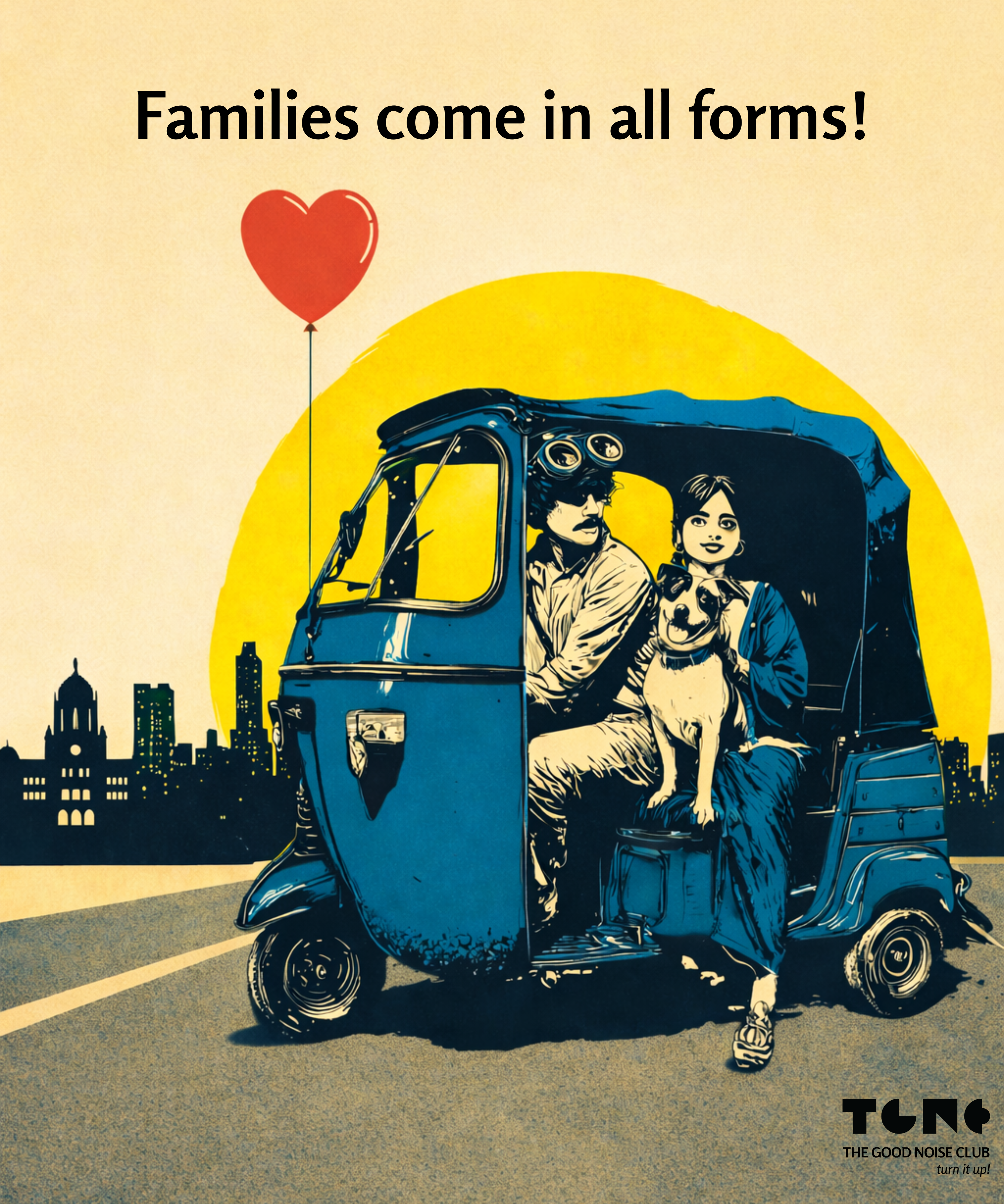 Illustration of a man and woman with a dog in a blue auto-rickshaw against a cityscape with a red heart balloon.