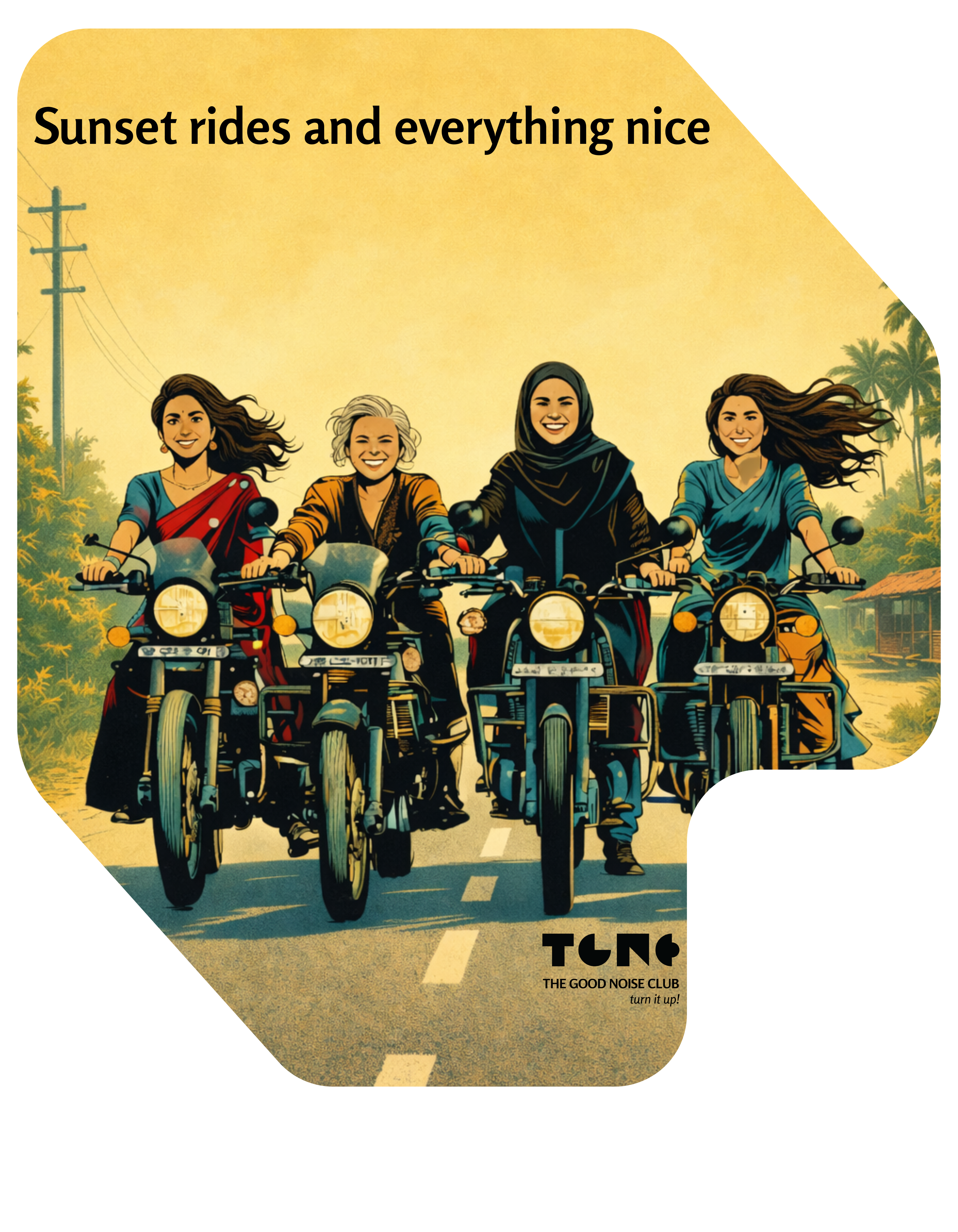 Four women riding motorcycles with a sunset background and 'Tung' branding.