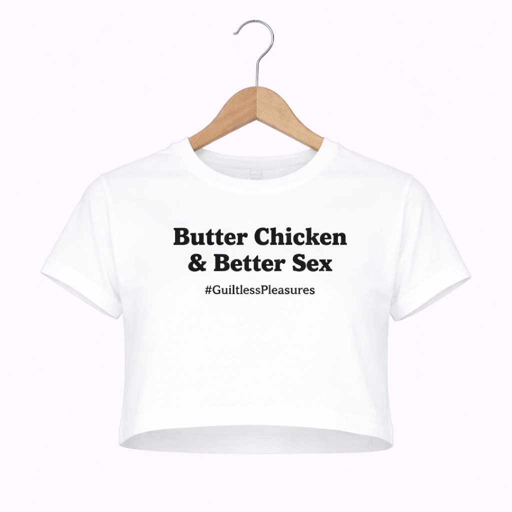 White t-shirt with text on a hanger against a white background