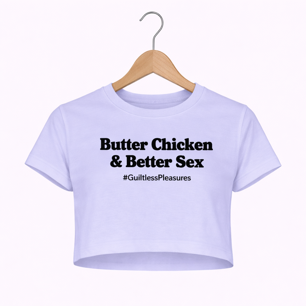 Lavender crop top with text on a hanger against a white background