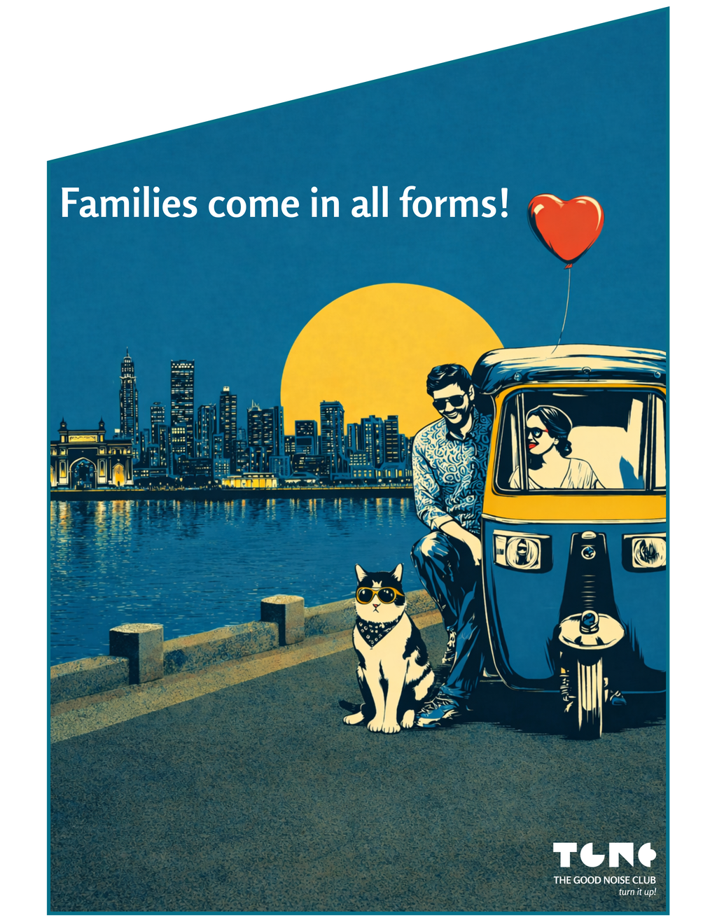 Illustration of a couple with a cat by a city skyline with text 'Families come in all forms!'.