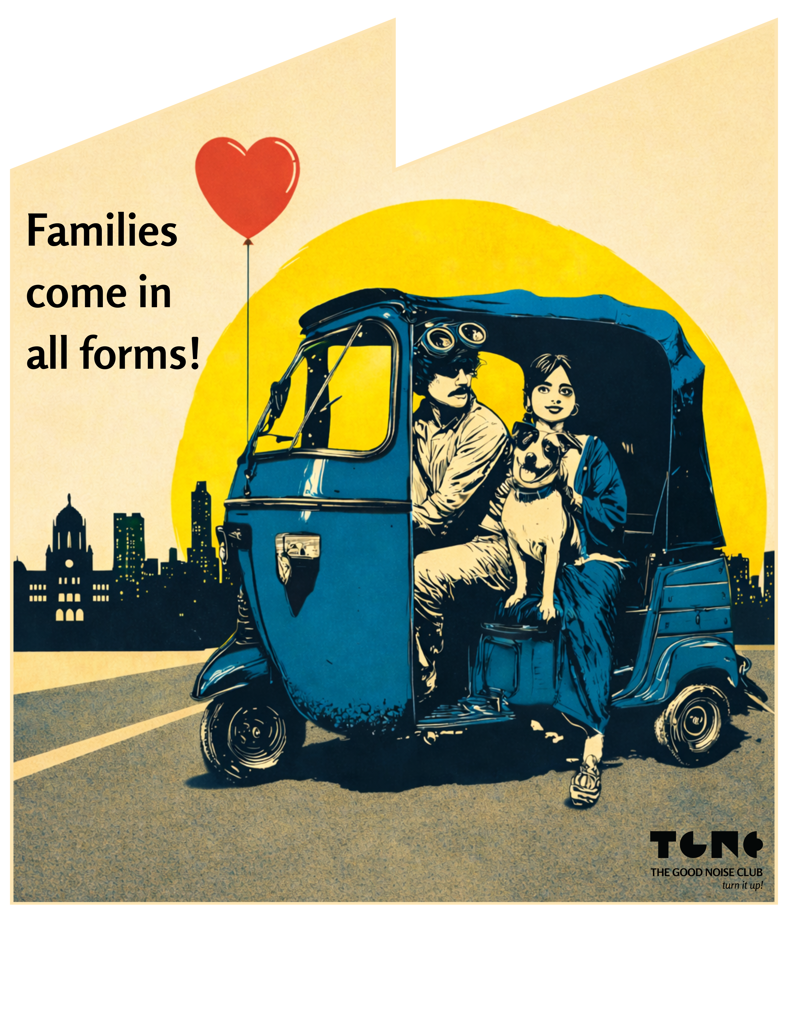 Illustration of a couple with a dog in a blue vehicle, with text 'Families come in all forms!' and a heart balloon.