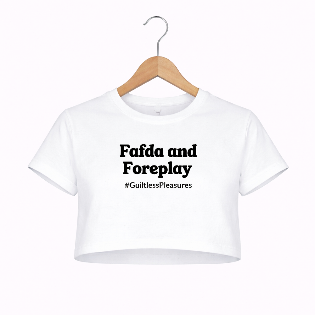 White t-shirt with text on a hanger against a white background