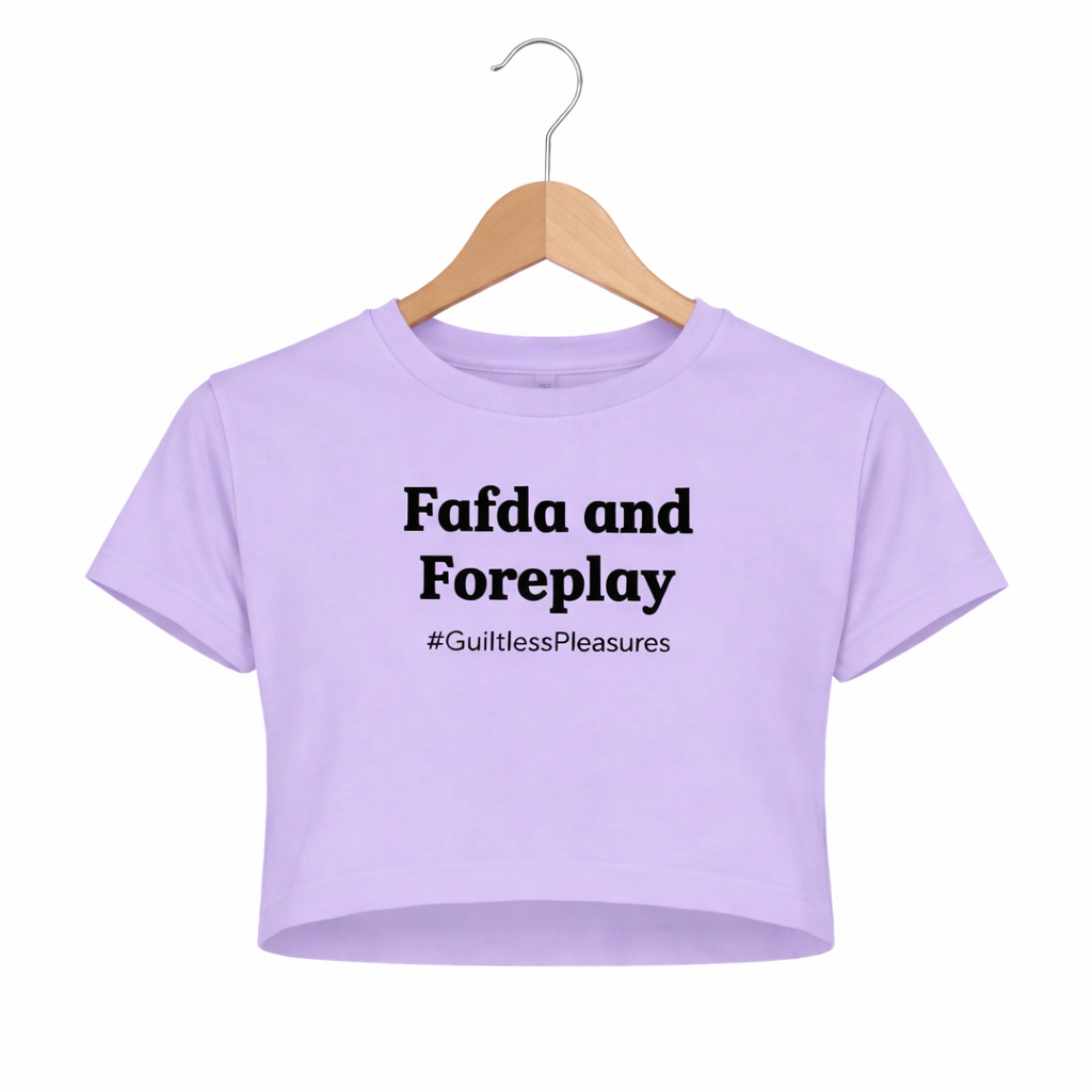Purple crop top with text on a hanger against a white background