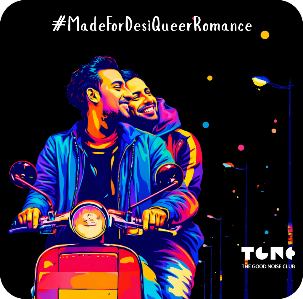 Two people on a scooter with a colorful, artistic style against a night sky with streetlights.