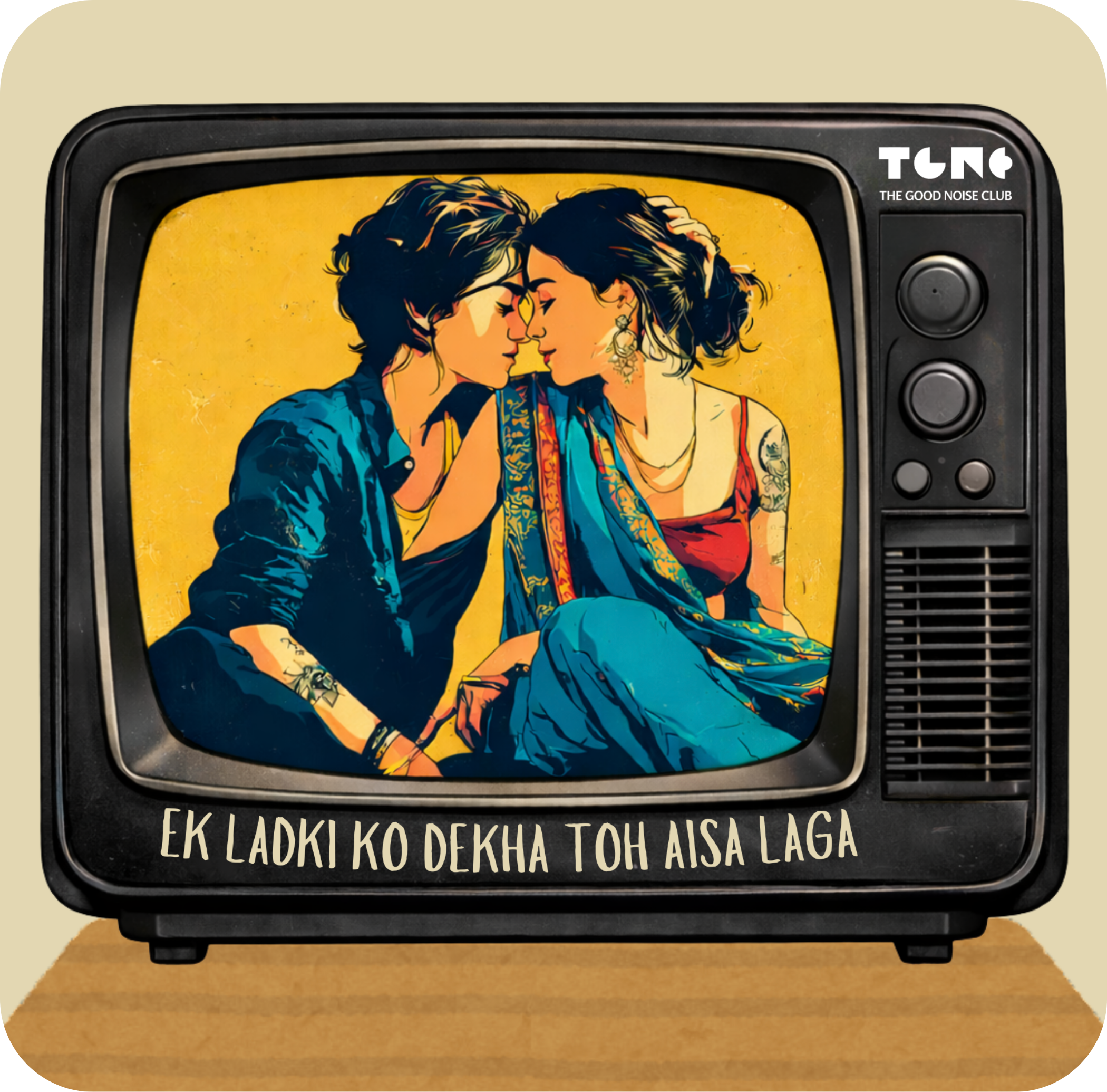 Vintage TV with illustration of two people and text on a beige background