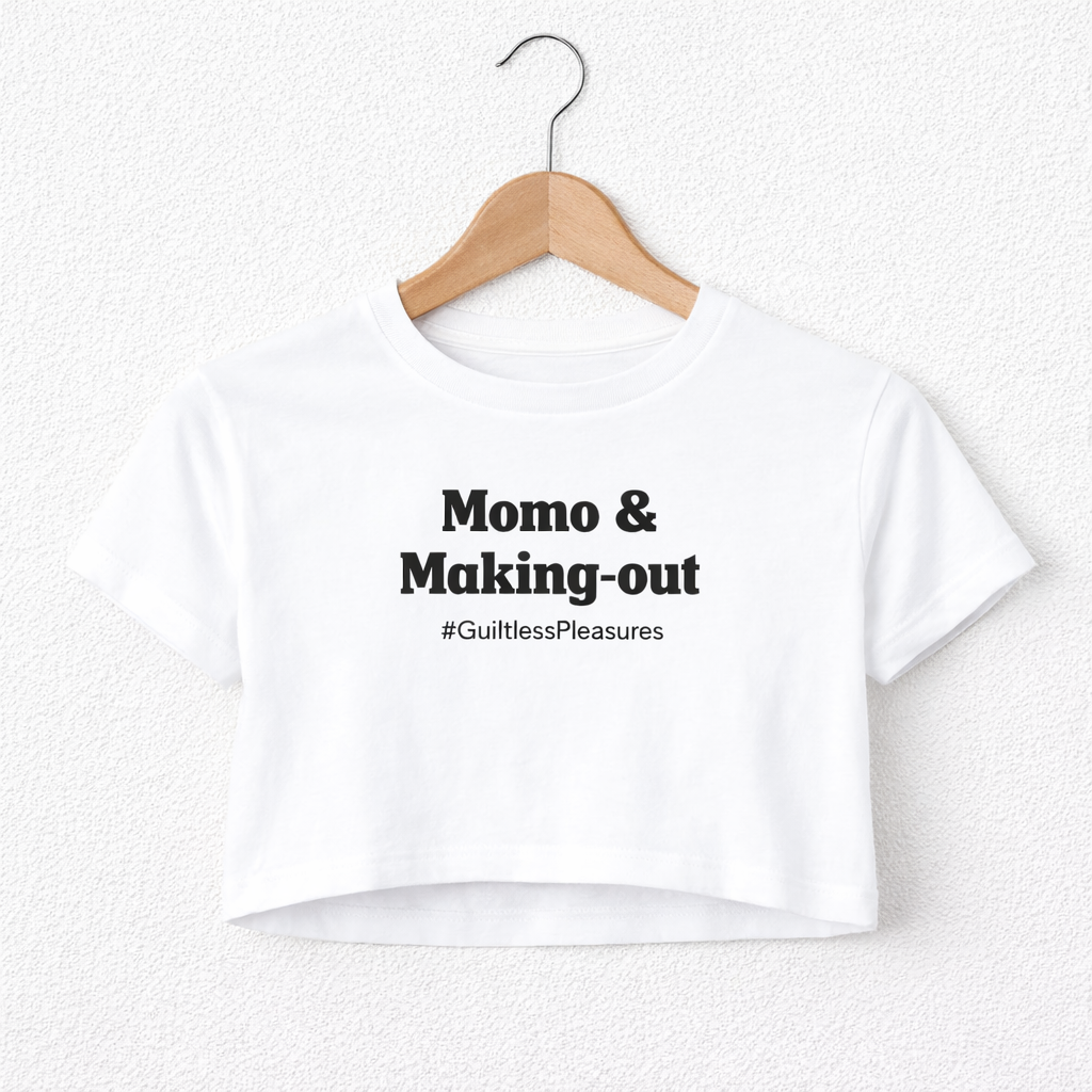 White t-shirt with text on a hanger against a white background