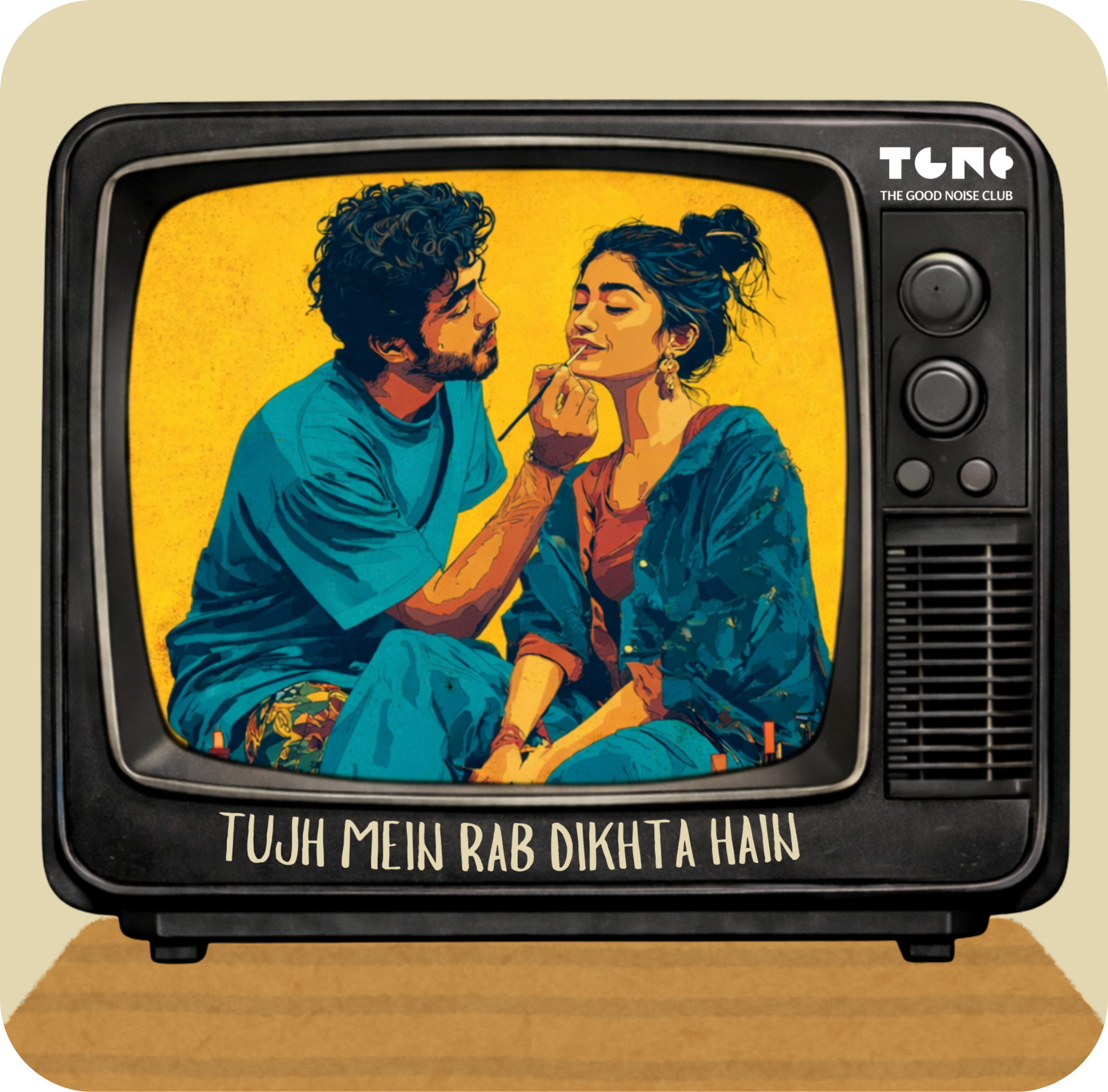 Vintage TV with illustration of a man and woman on screen, featuring text 'Tujh Mein Rab Dikhta Hain'.
