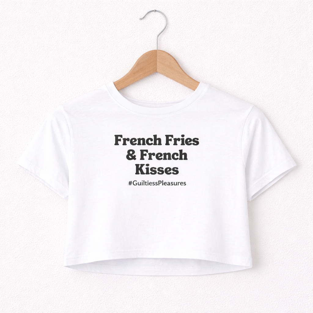White crop top with 'French Fries & French Kisses' text on a hanger against a white background