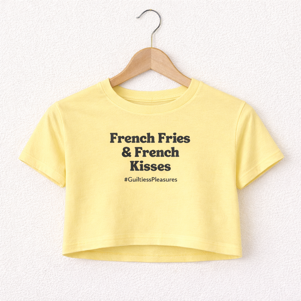 Yellow crop top with text on a hanger against a white background