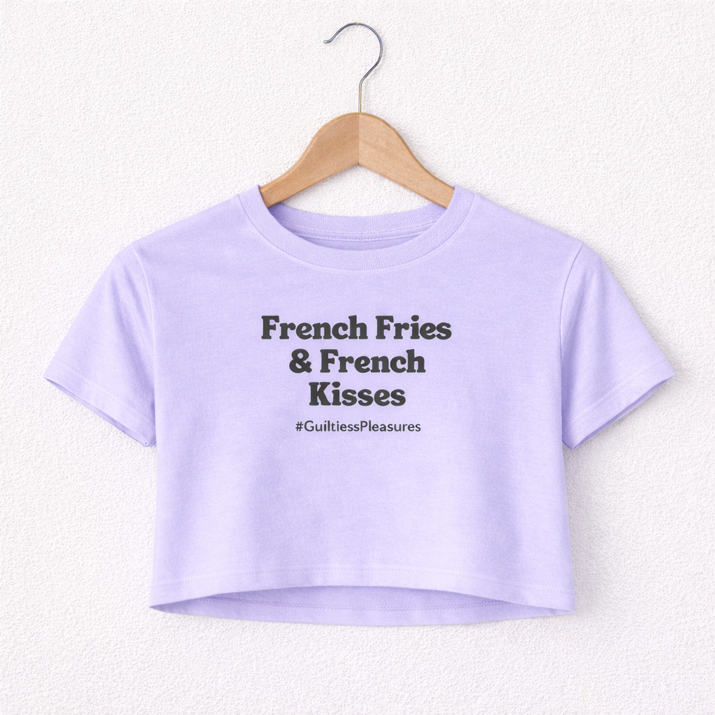 Lavender crop top with text on a hanger against a white background
