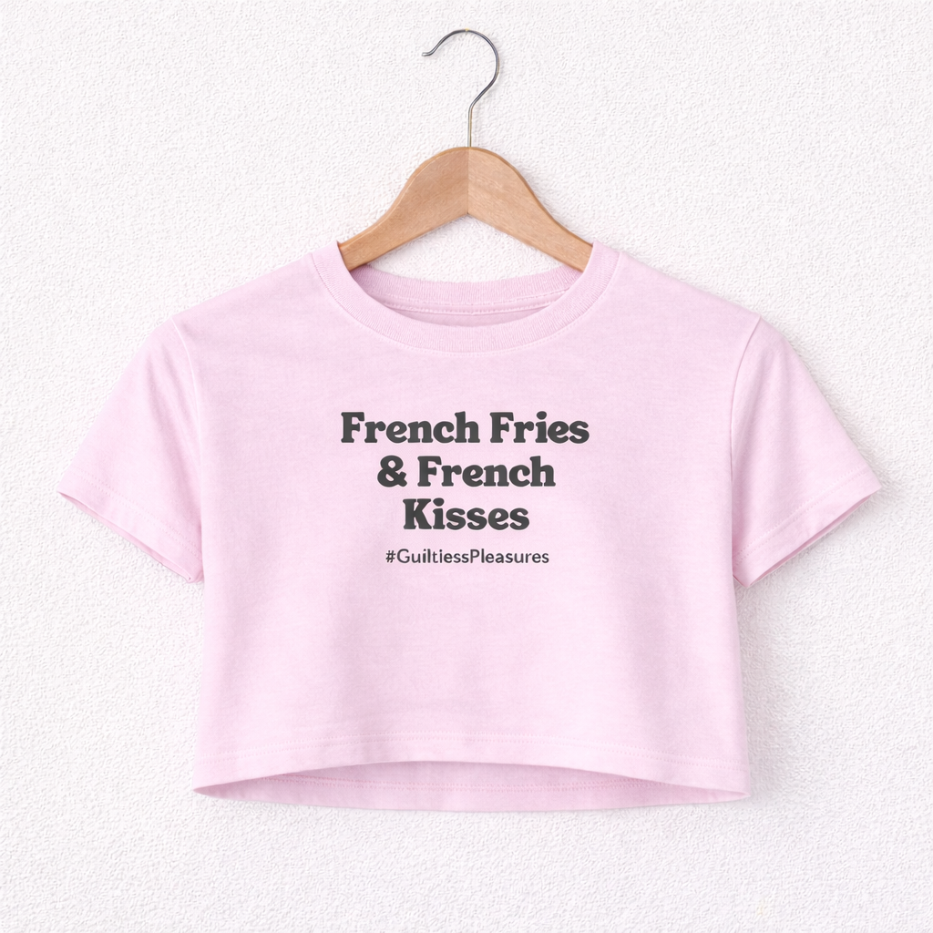 Pink crop top with text on a hanger against a white background