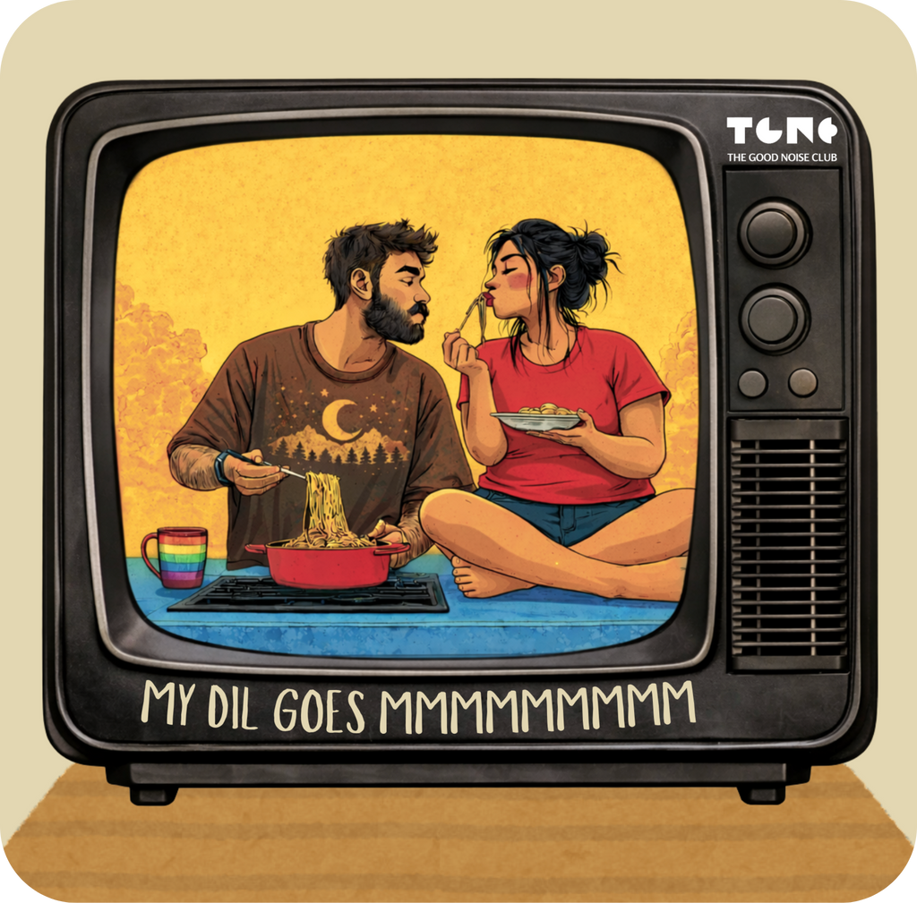 Illustration of a man and woman eating noodles in front of a vintage TV with 'My Dil Goes Mmmmmmmm' text.