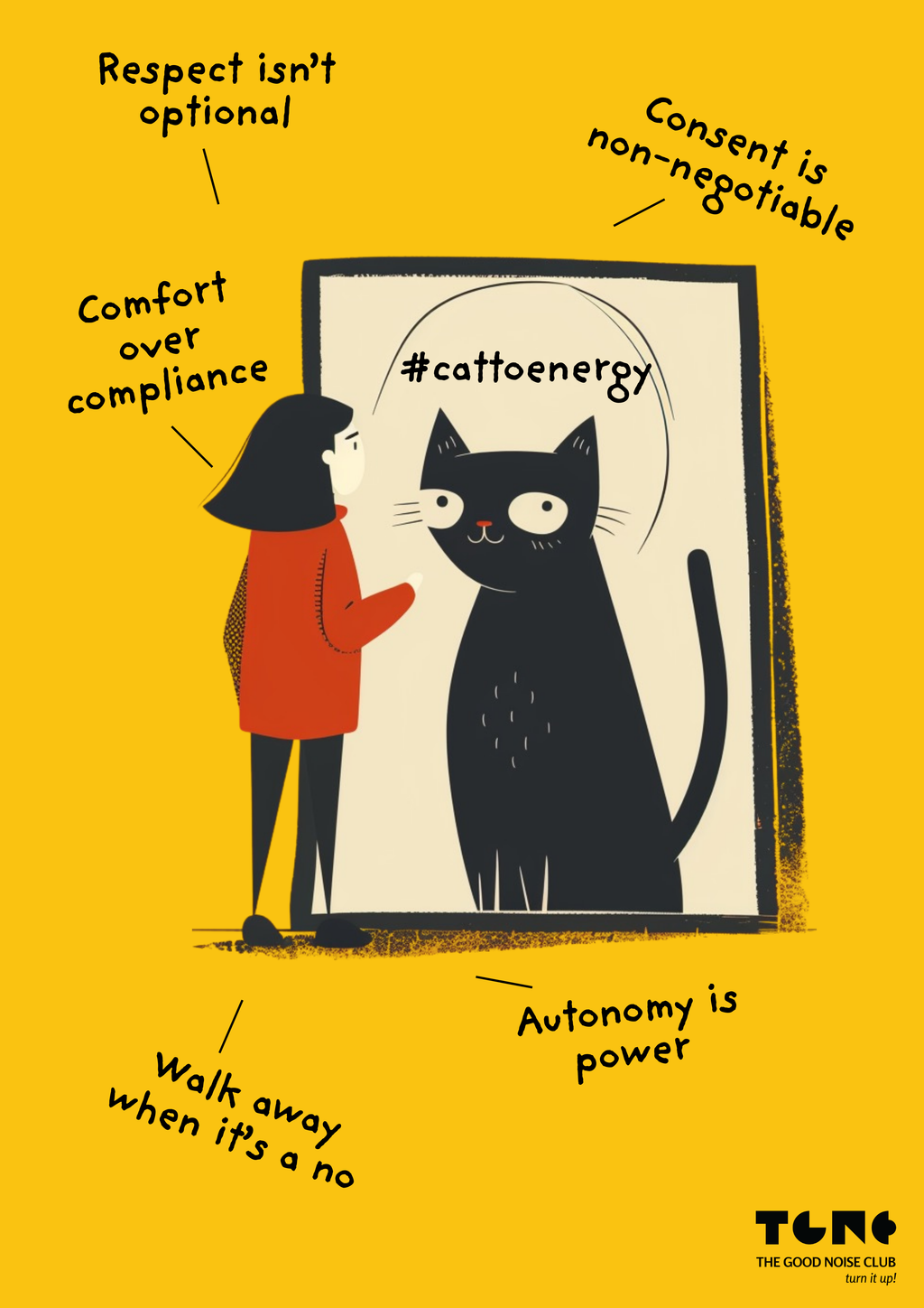Illustration of a person interacting with a black cat on a yellow background with text about consent and autonomy.