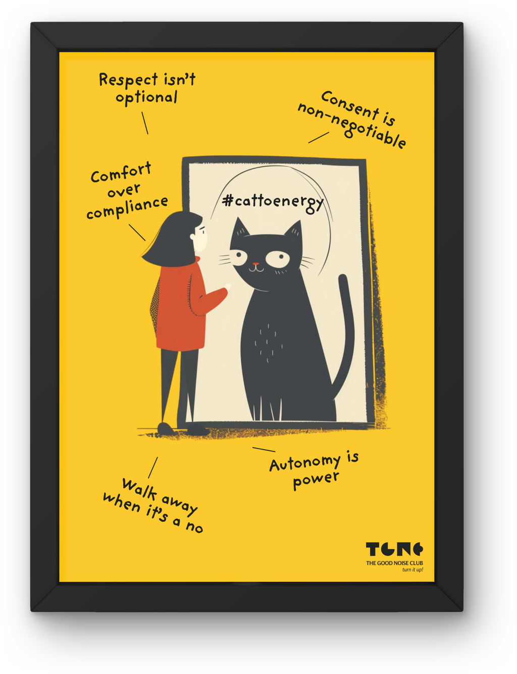 Framed poster with a woman and black cat illustration on a yellow background with text about respect, consent, and autonomy.