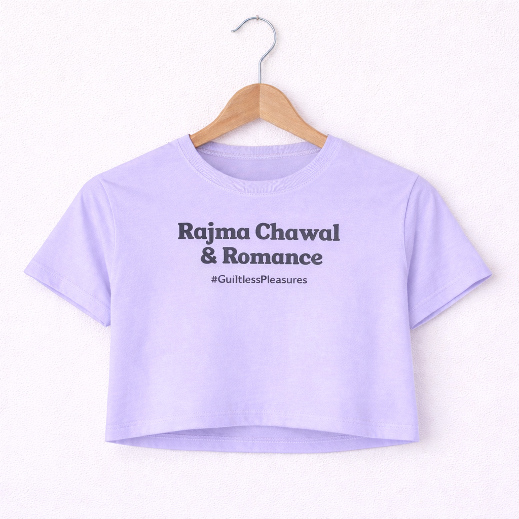 Lavender crop top with text on a hanger against a white background
