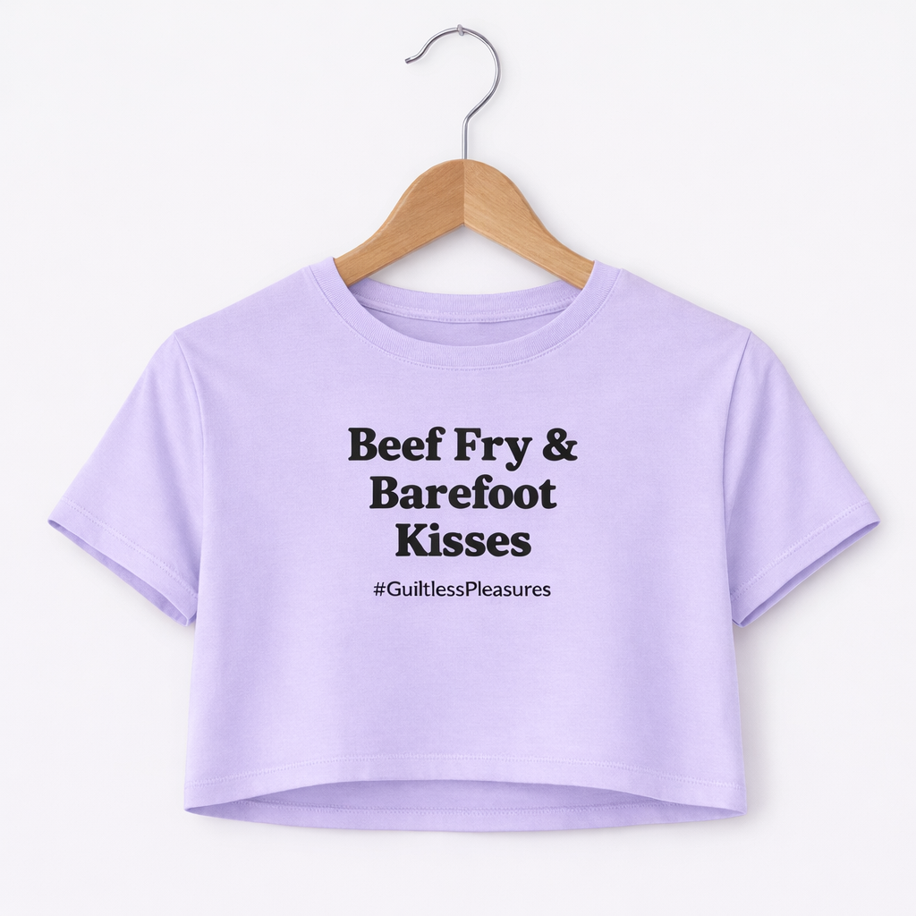 Lavender crop top with text on a hanger against a white background