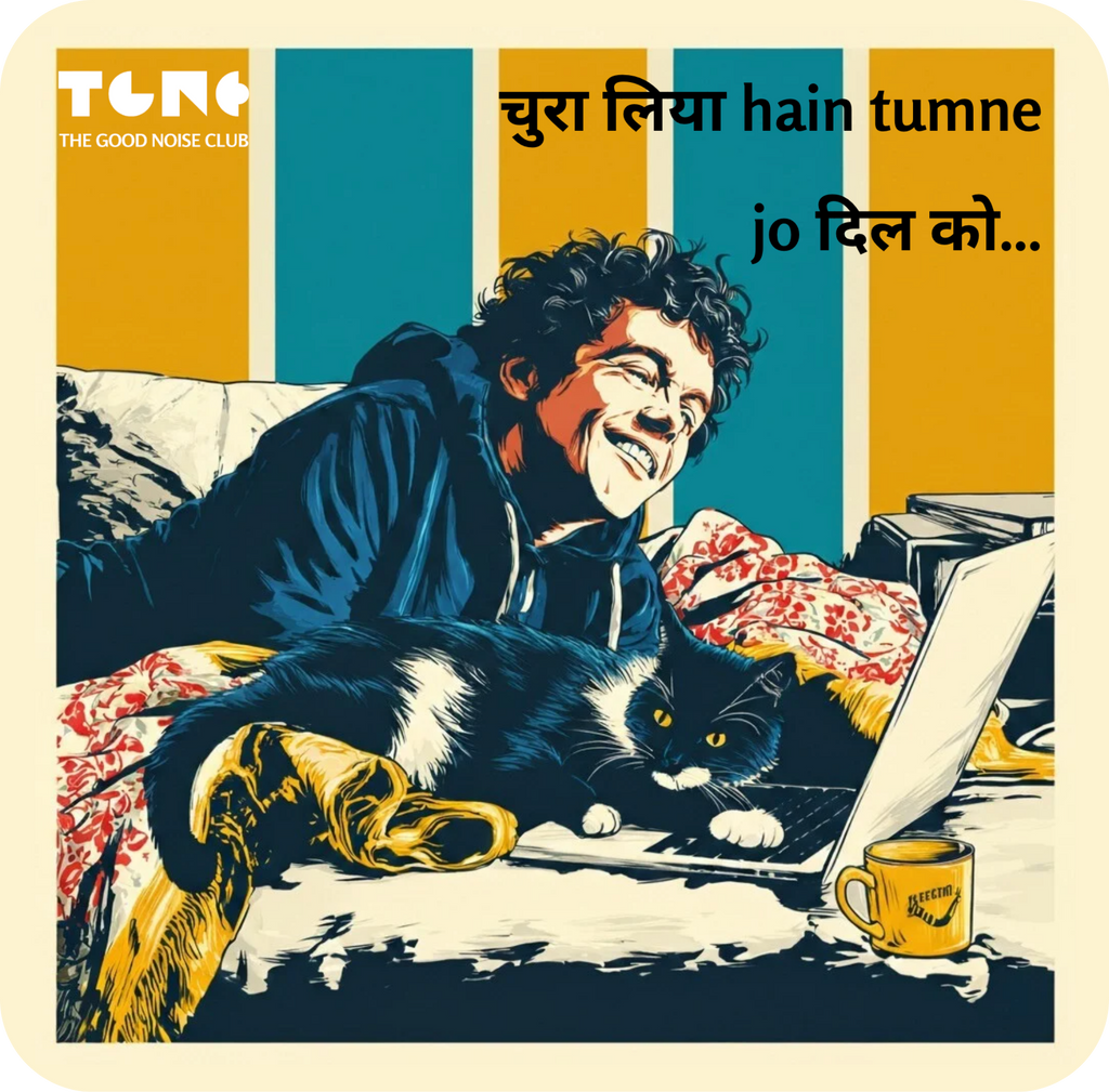 Illustration of a man with a cat on a table, surrounded by text and a mug.