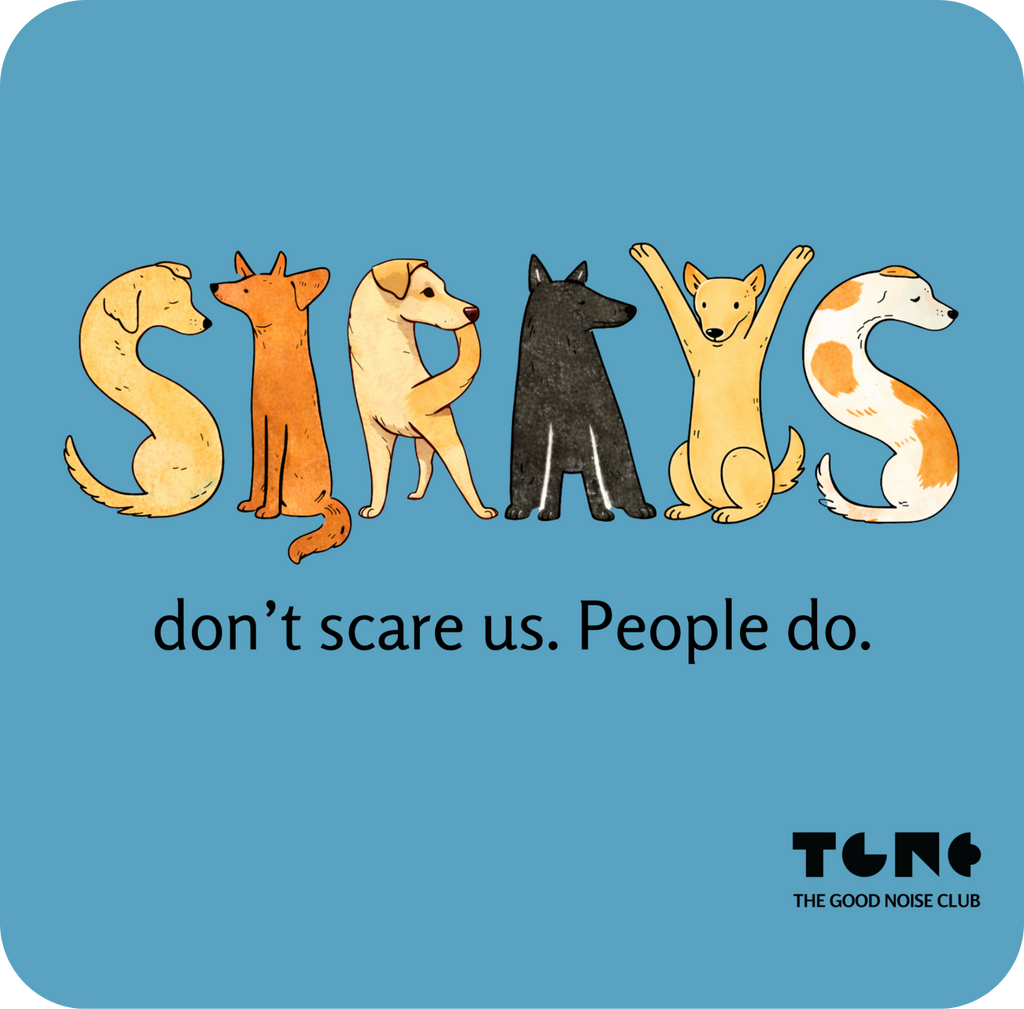 Illustration of dogs with text on a blue background, featuring the Good Noise Club logo.