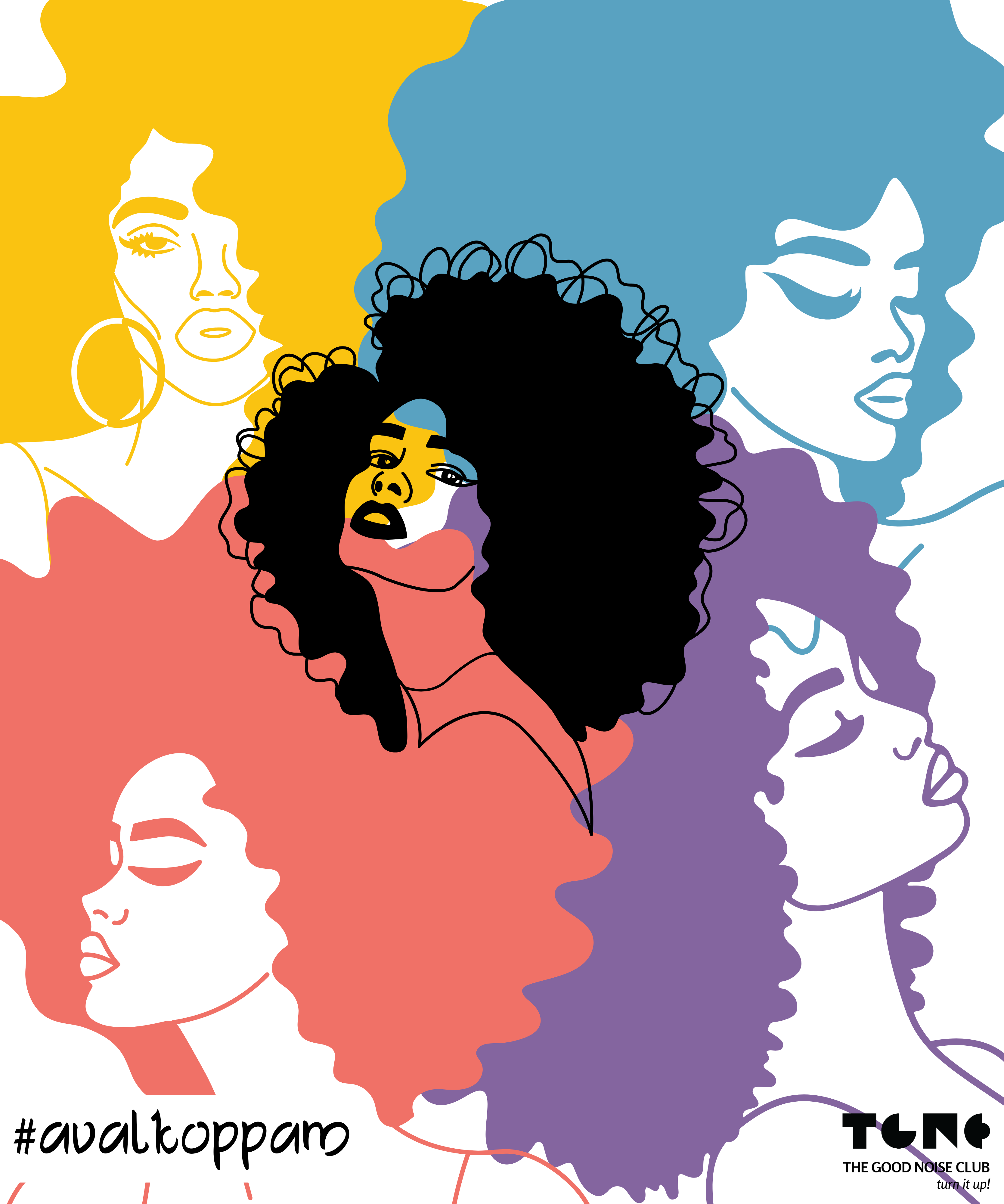 Colorful illustration of a woman with an afro against a multicolored background, featuring the text '#avalkoppam' and 'TGN'.