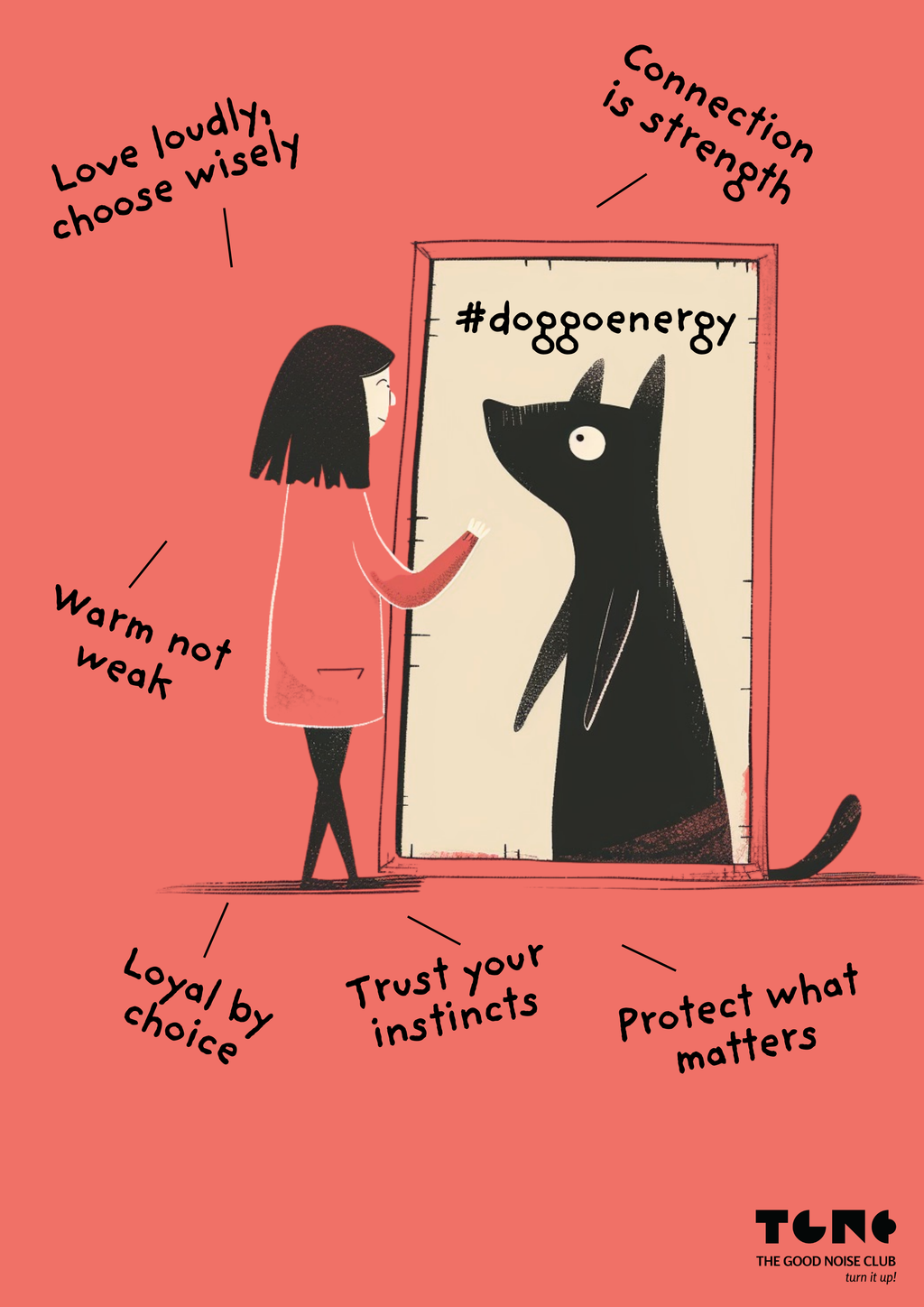 Illustration of a person opening a door to a dog with motivational text on a red background.