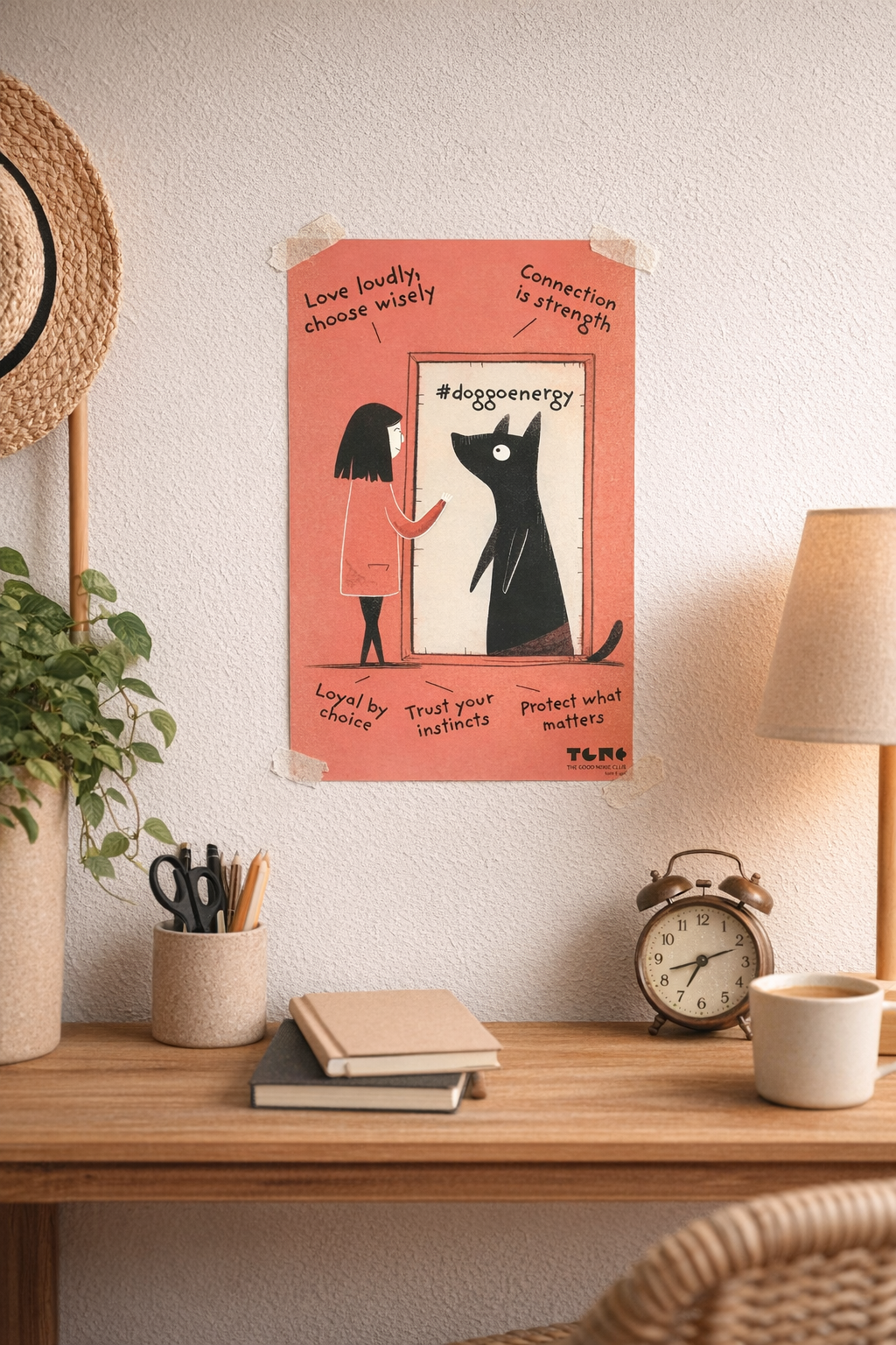 Poster with a black cat and woman illustration on a wall above a desk with decor items.