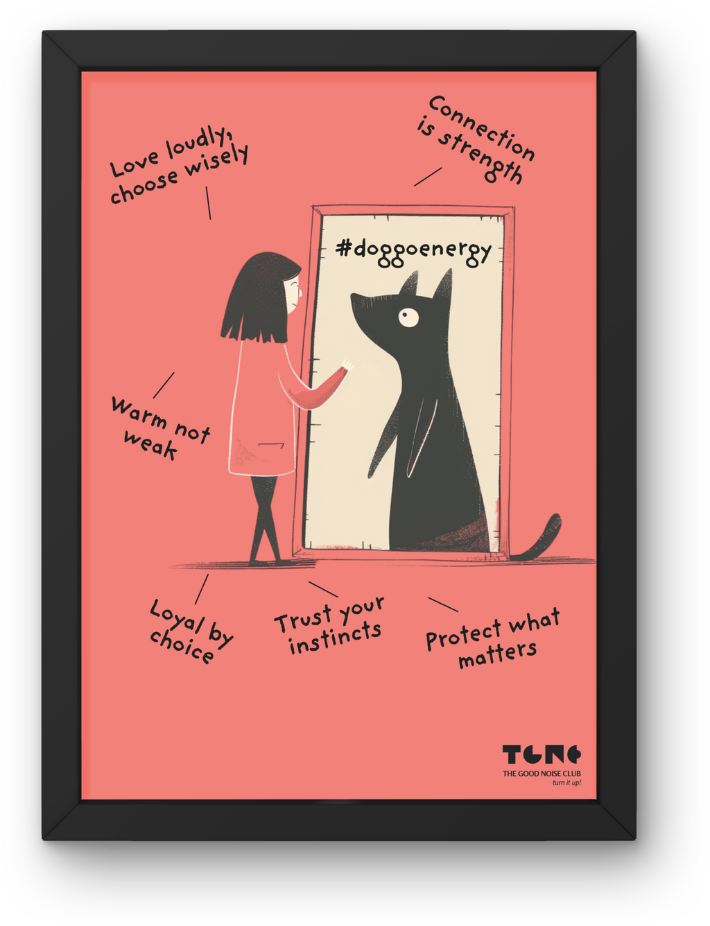 Framed artwork with a girl and dog illustration on a pink background with text.