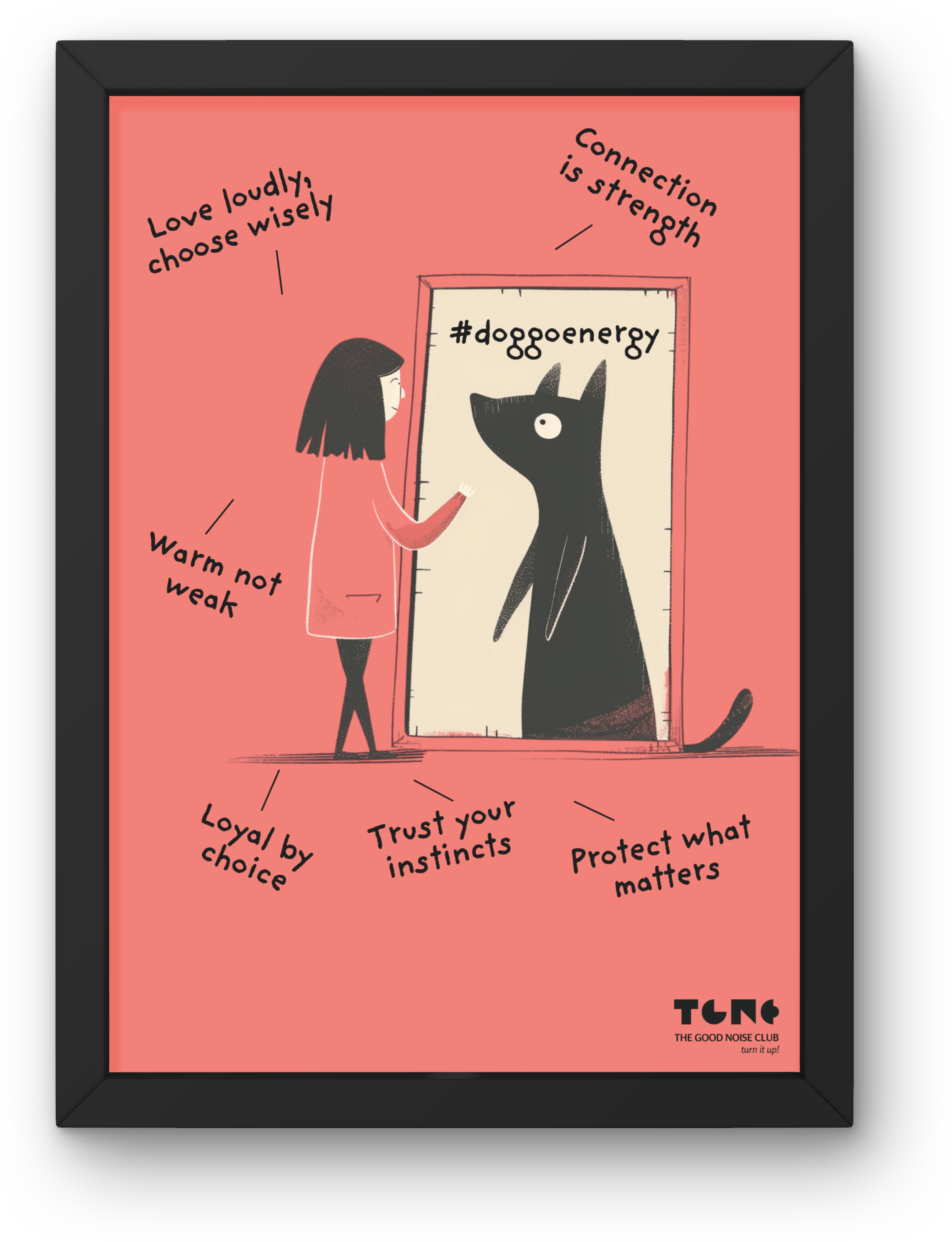 Framed artwork with a girl and dog illustration on a pink background with text.