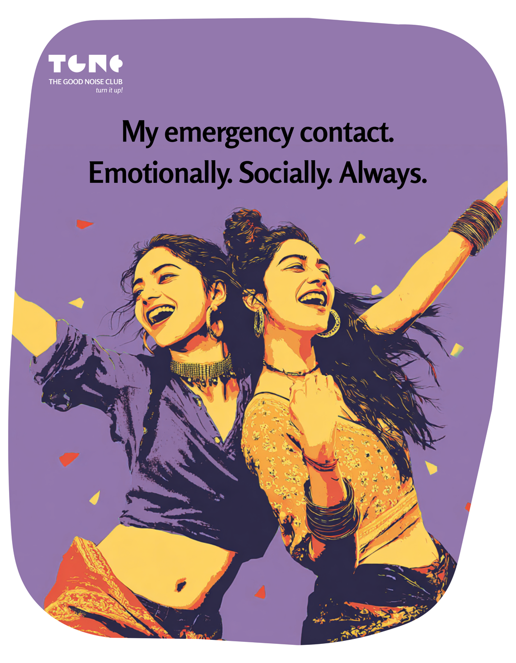 Two women joyfully dancing with text about emotional and social support on a purple background.