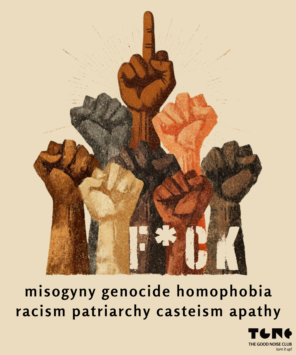 Illustration of raised fists in various colors with a list of social issues on a beige background.