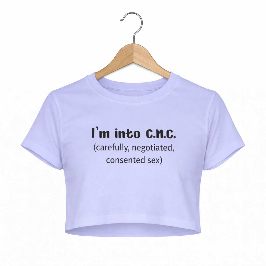 Light purple crop top with text on a white background