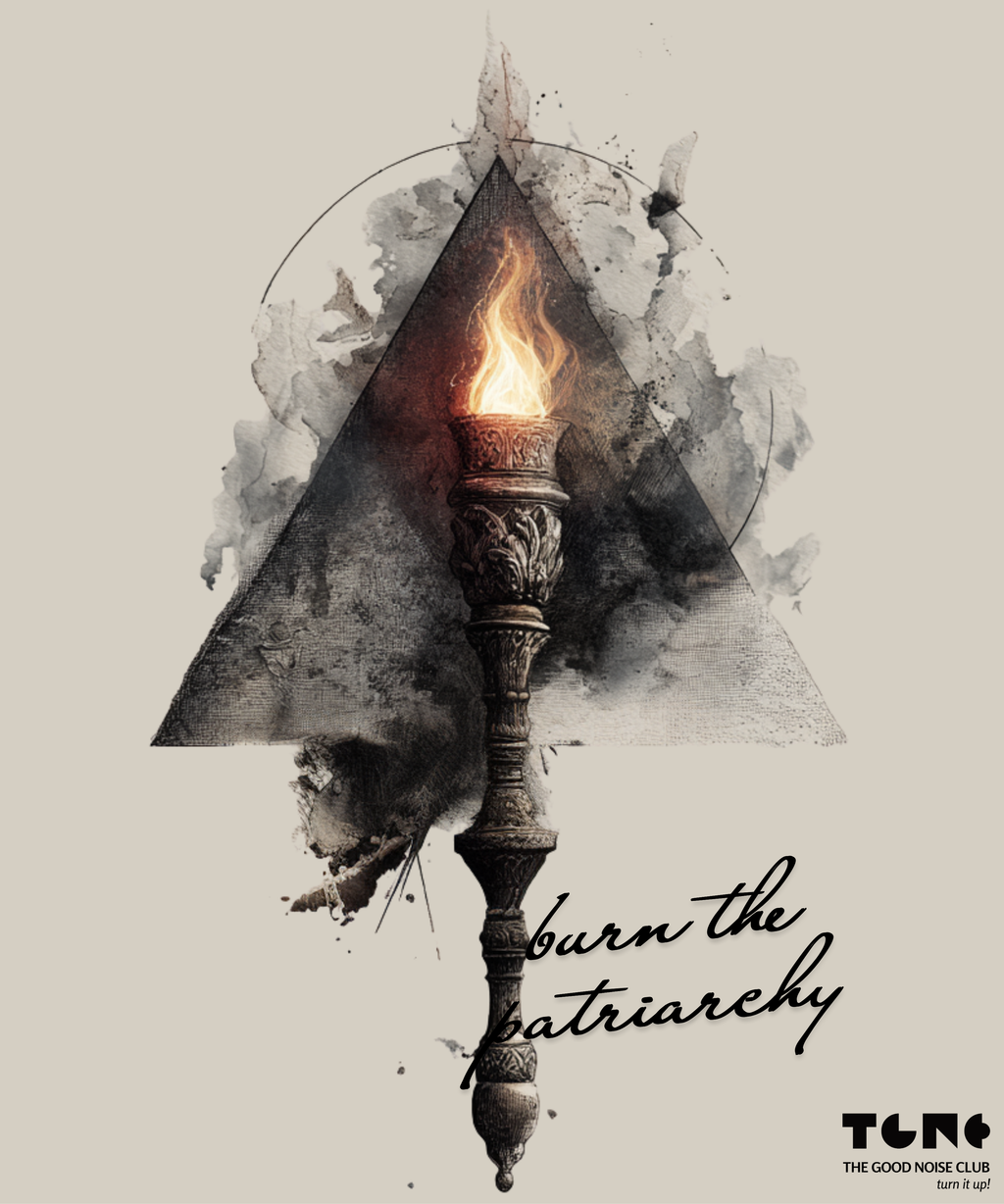 A graphic design held by a person against a gray background