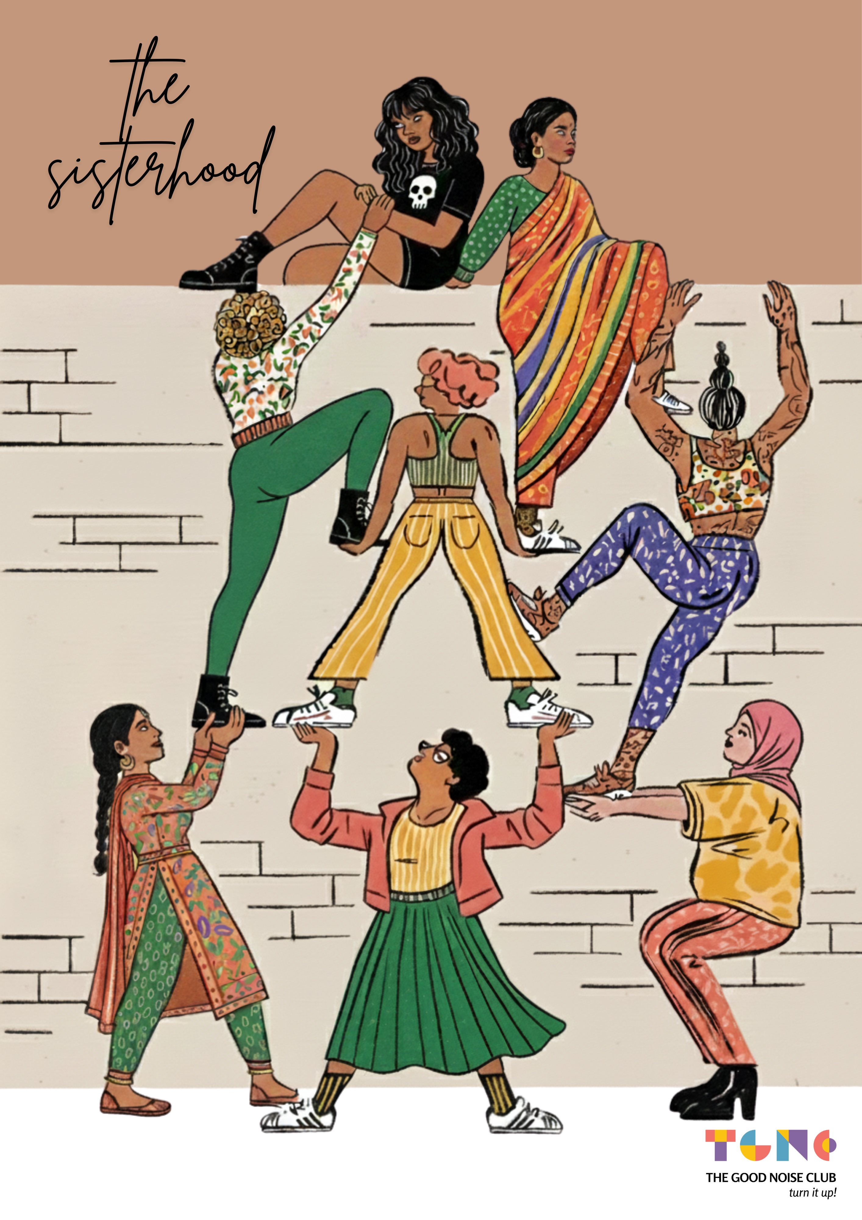 Illustration of women in colorful clothing holding each other in a pyramid formation with 'The Sisterhood' text above.