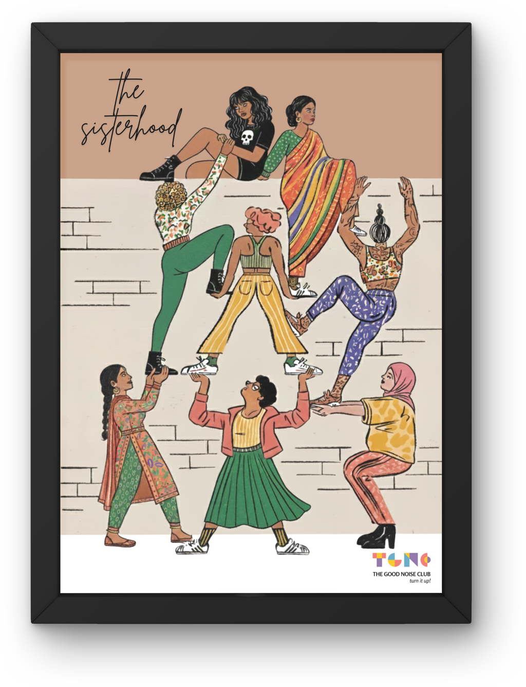 Illustration of women in colorful outfits with text 'The Sisterhood' on a beige background