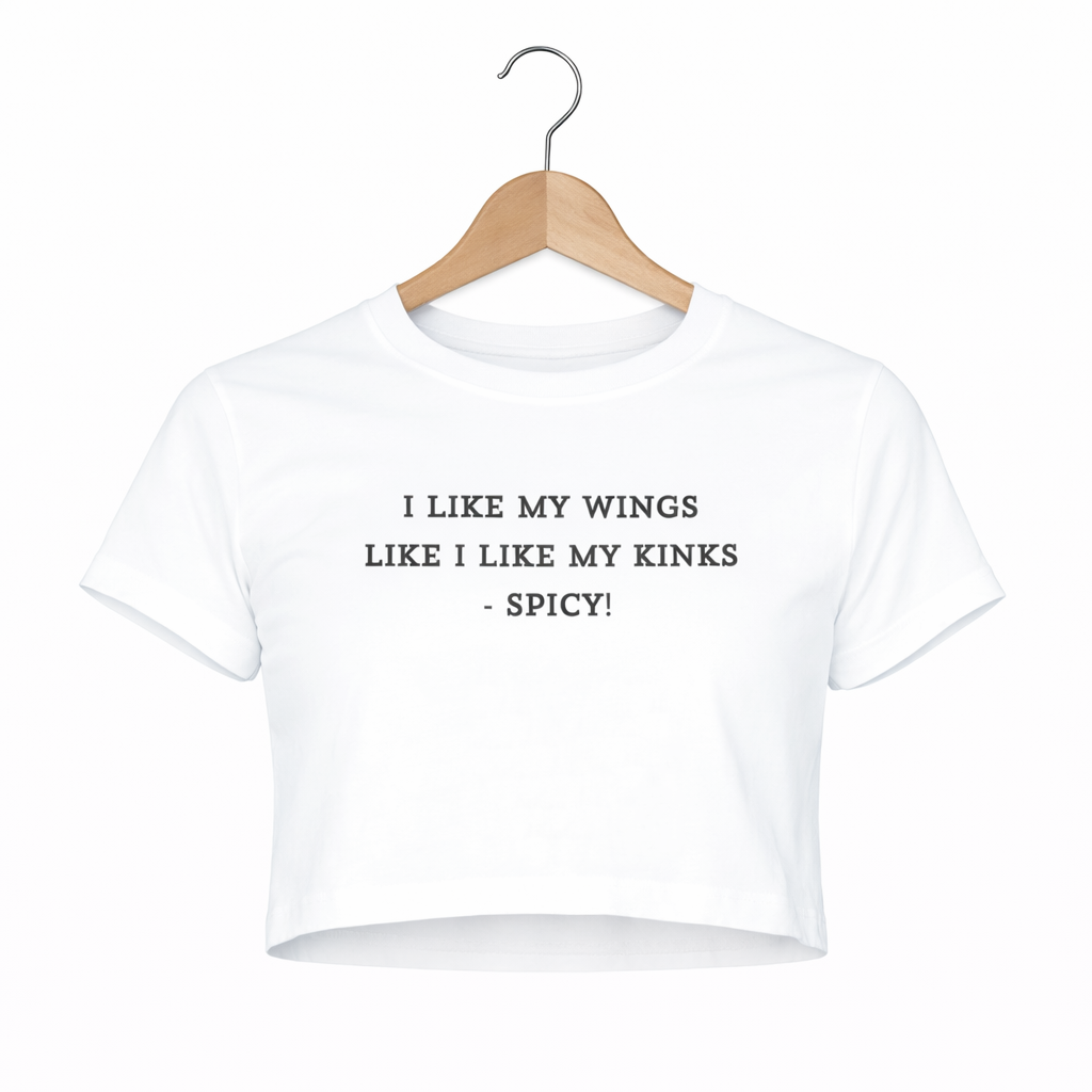 White t-shirt with text on a hanger against a white background