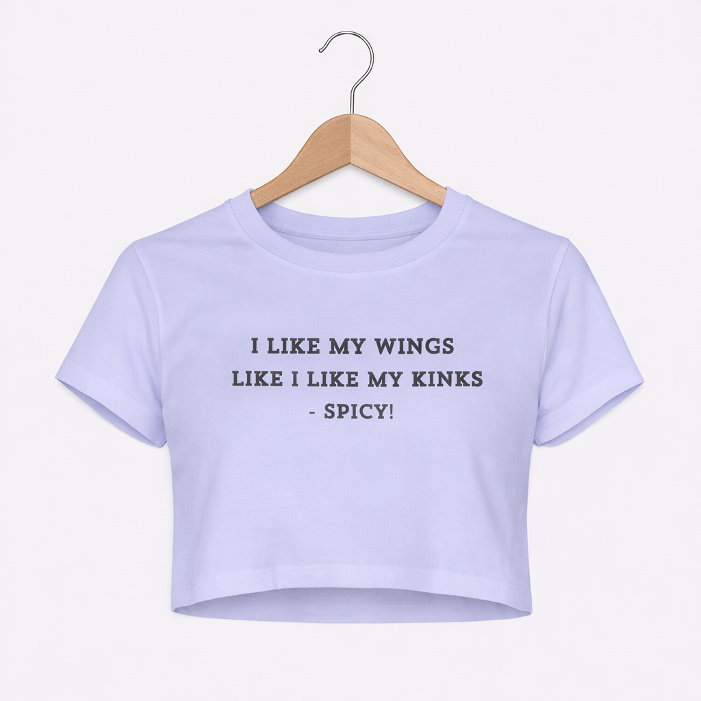 Light purple crop top with text on a white background