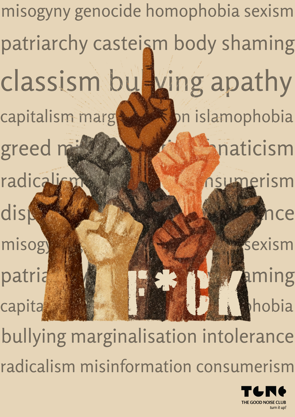 Fists raised in solidarity with anti-oppression text on a white background