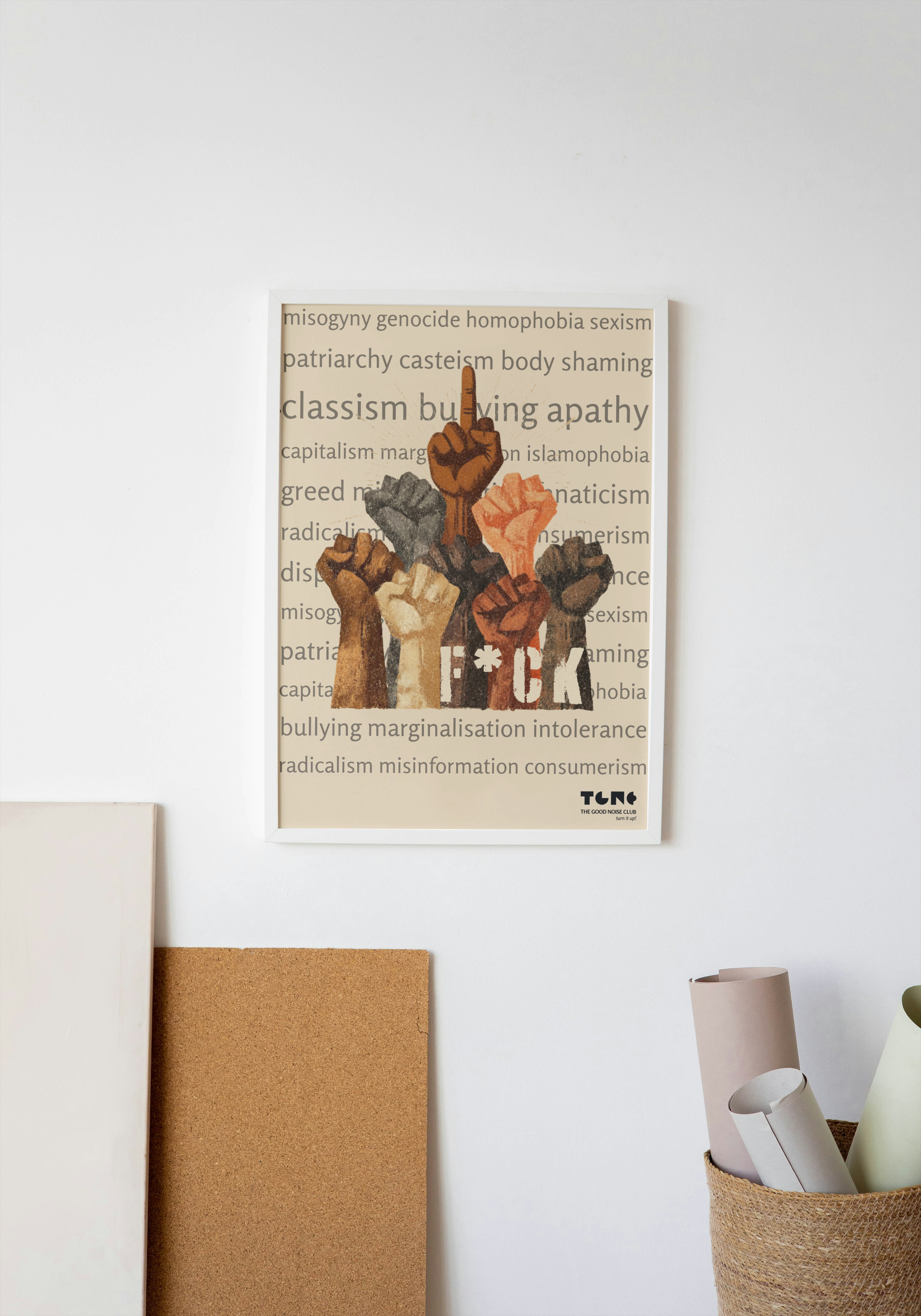 Poster with text and hand gestures on a white wall with decor items below.