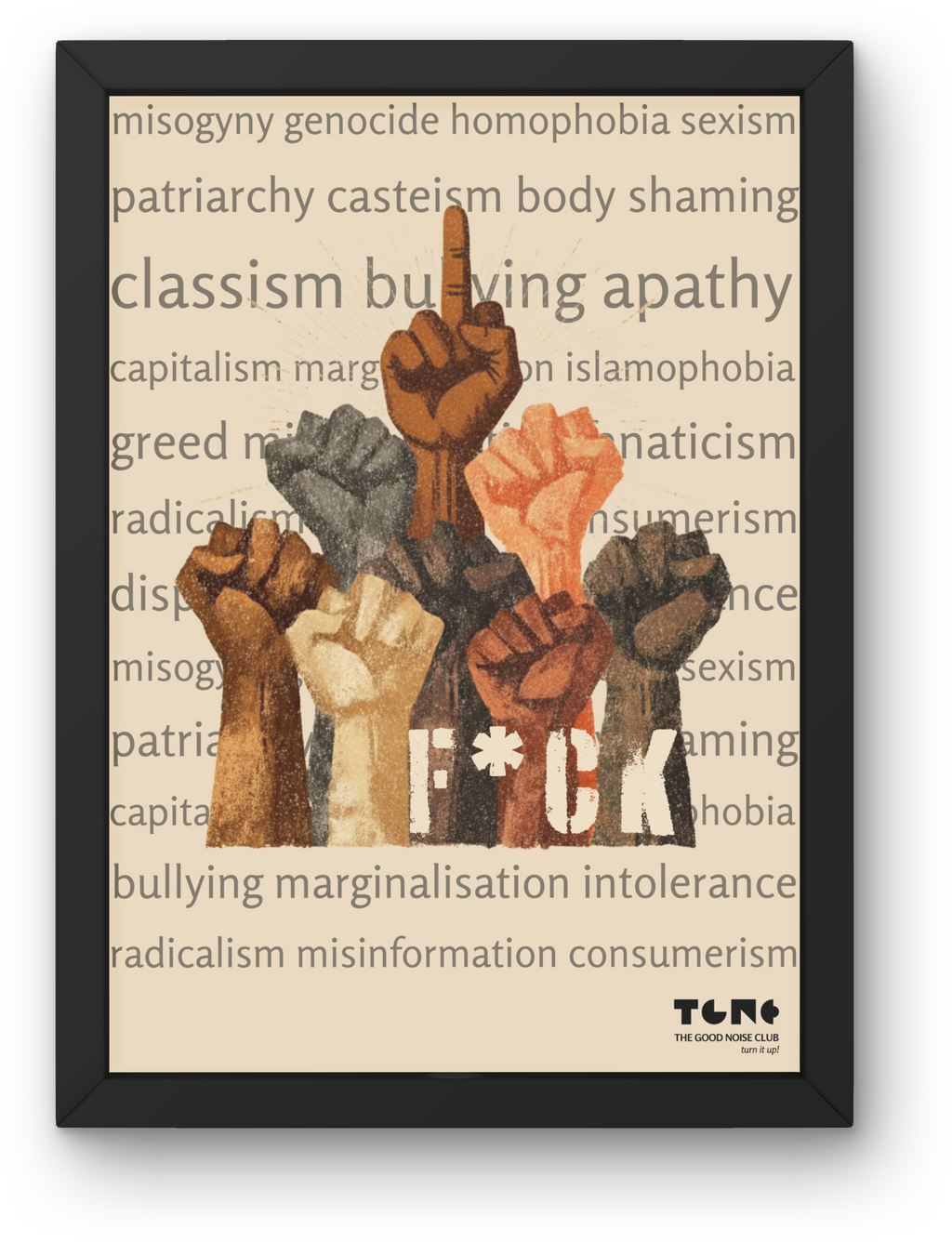 Framed artwork with raised fists and anti-oppression terms on a beige background